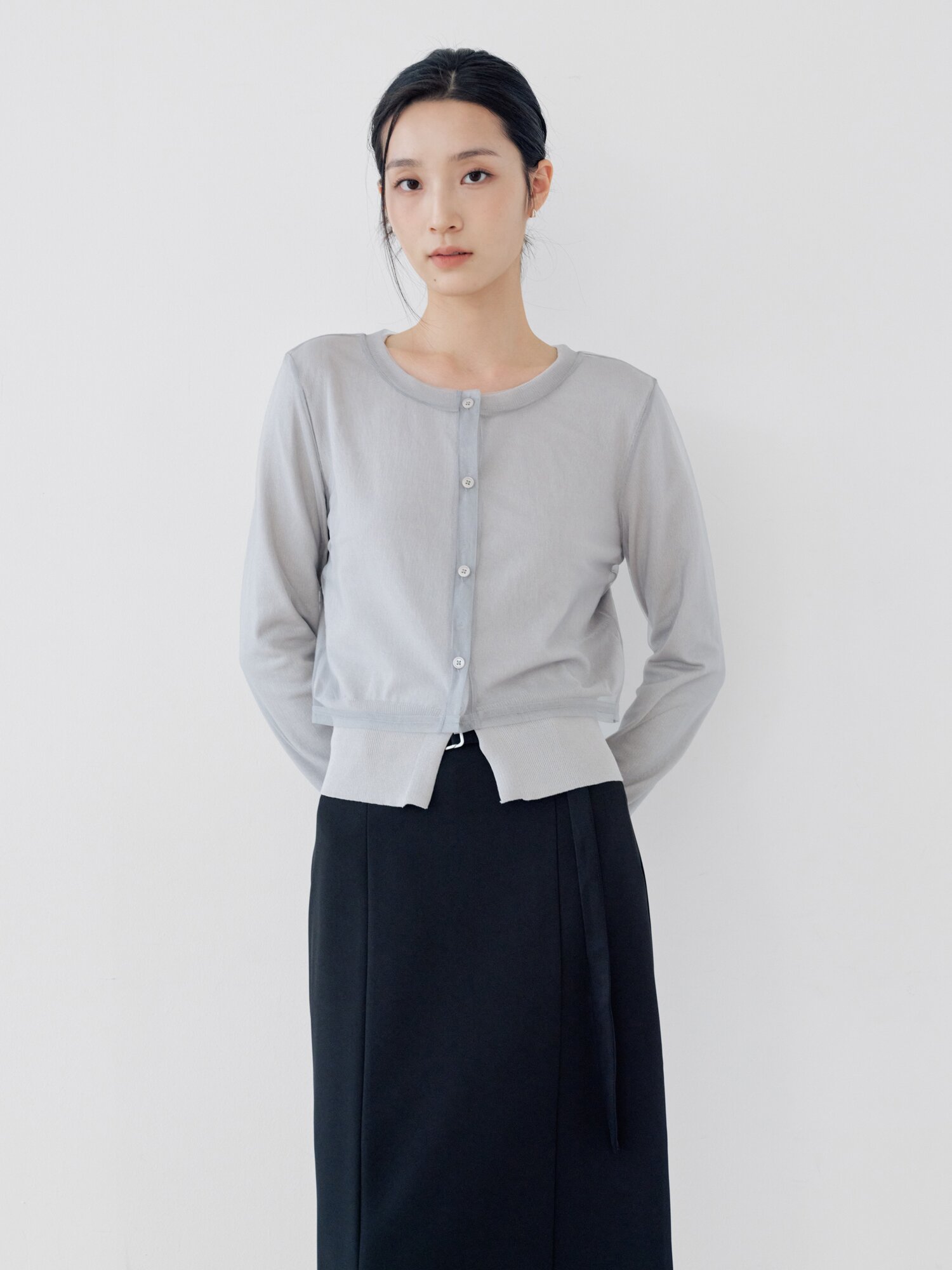 메시 레이어 라운드넥 가디건 (GREY)