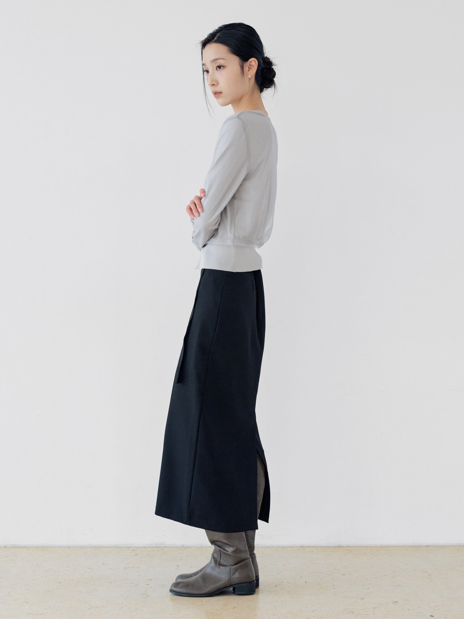 메시 레이어 라운드넥 가디건 (GREY)