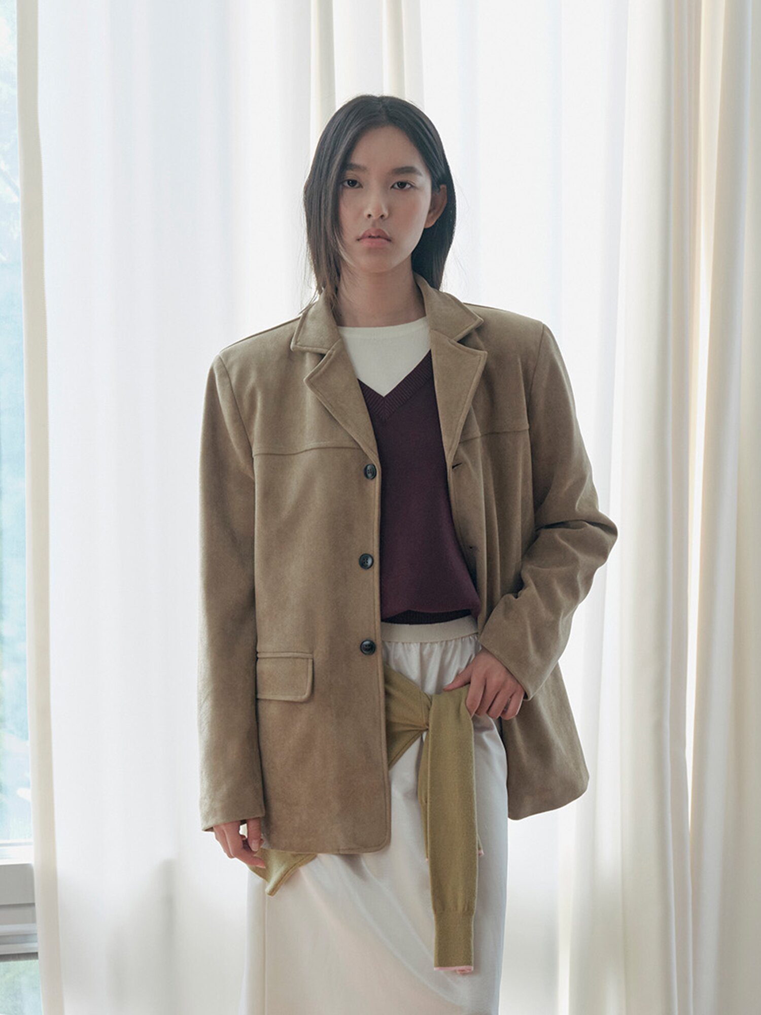 스웨이드 오픈 칼라 싱글 재킷 (BEIGE)