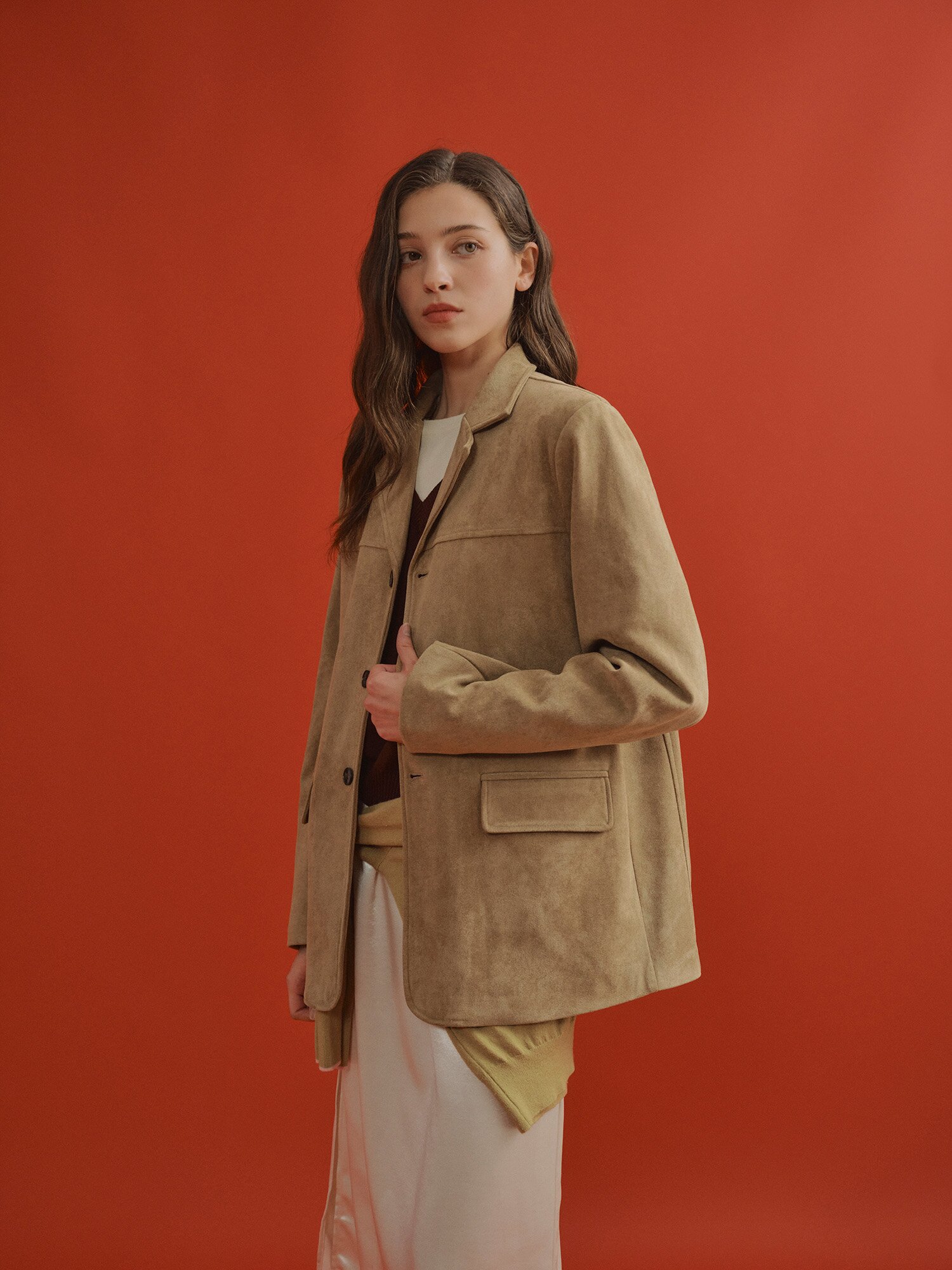 스웨이드 오픈 칼라 싱글 재킷 (BEIGE)