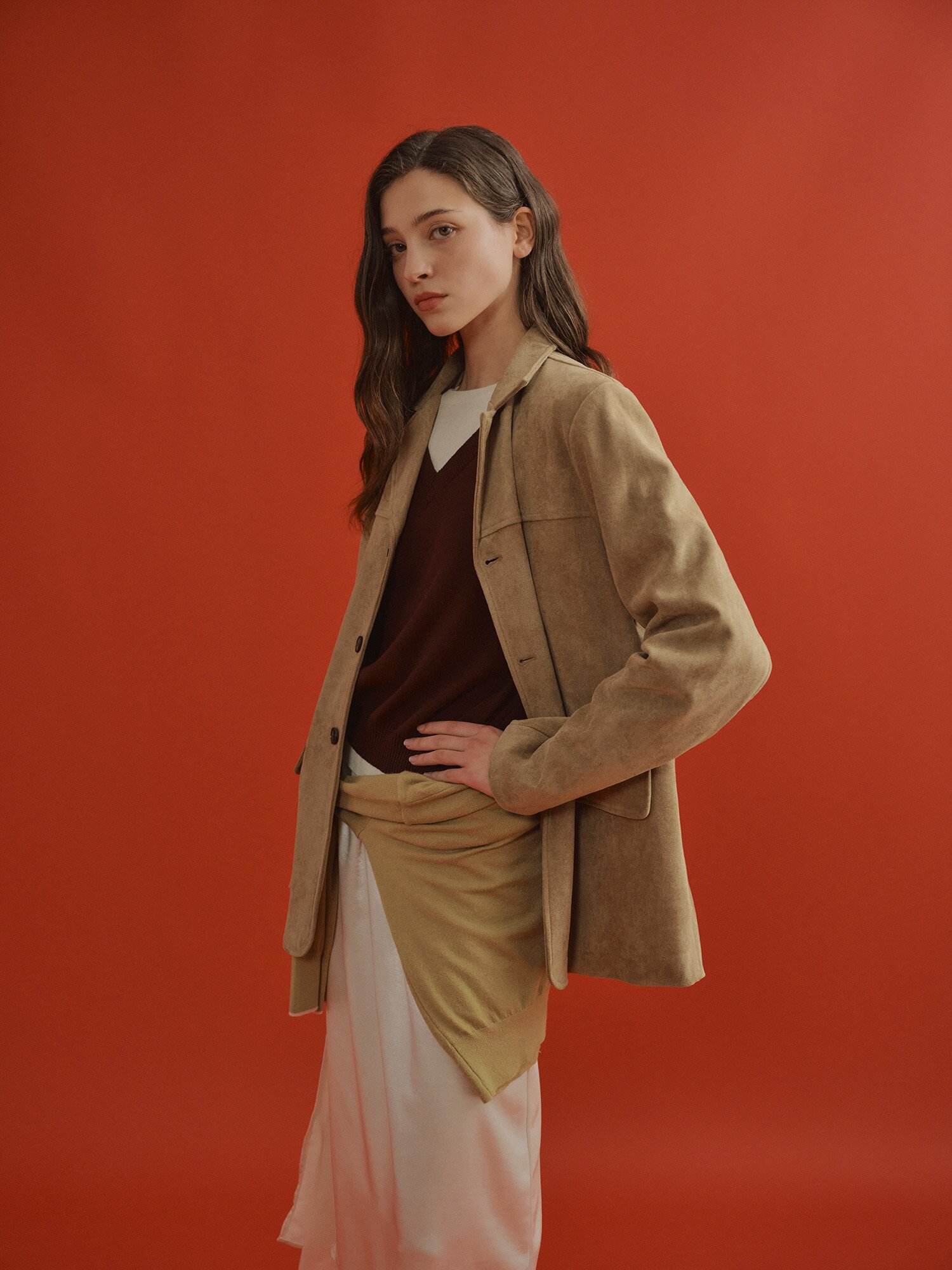 스웨이드 오픈 칼라 싱글 재킷 (BEIGE)