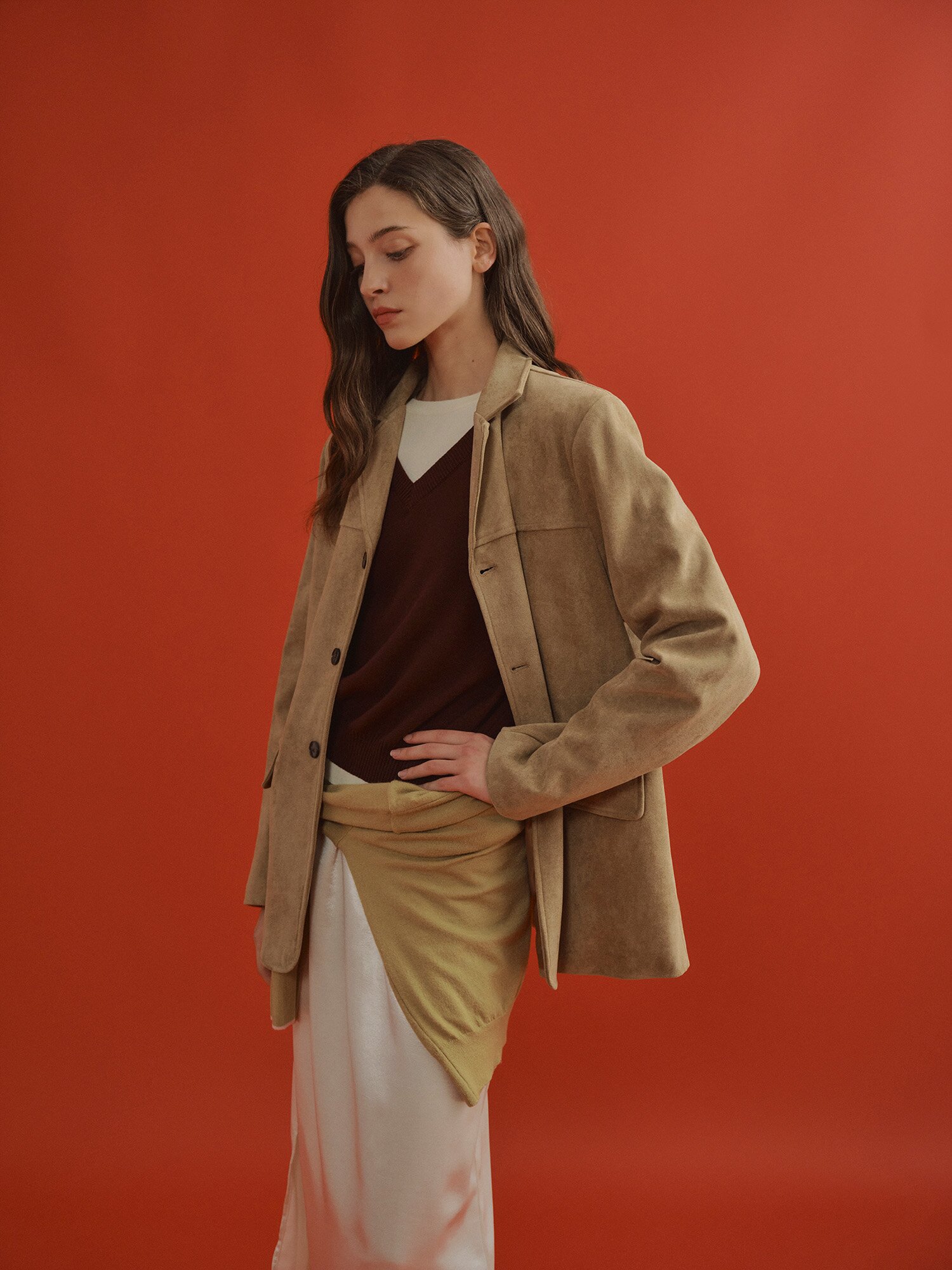 스웨이드 오픈 칼라 싱글 재킷 (BEIGE)