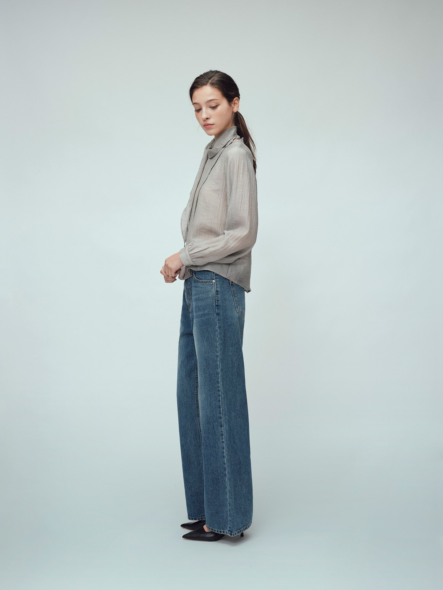 캐주얼 워싱 와이드 데님 팬츠 (BLUE)