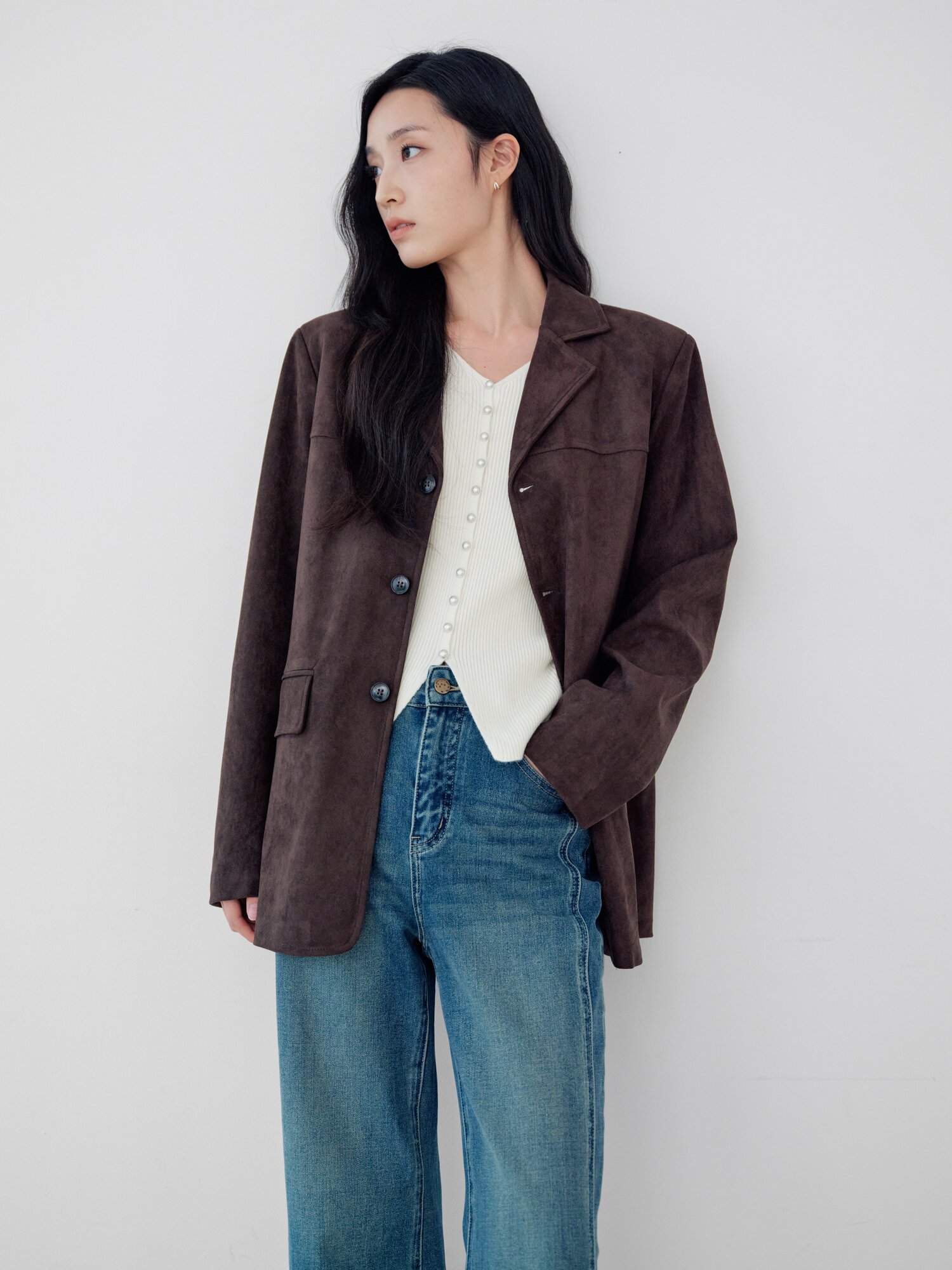 스웨이드 오픈 칼라 싱글 재킷 (DARK BROWN)