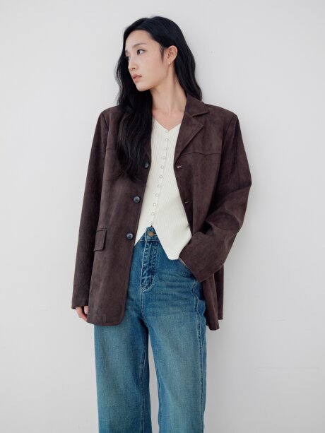 스웨이드 오픈 칼라 싱글 재킷 