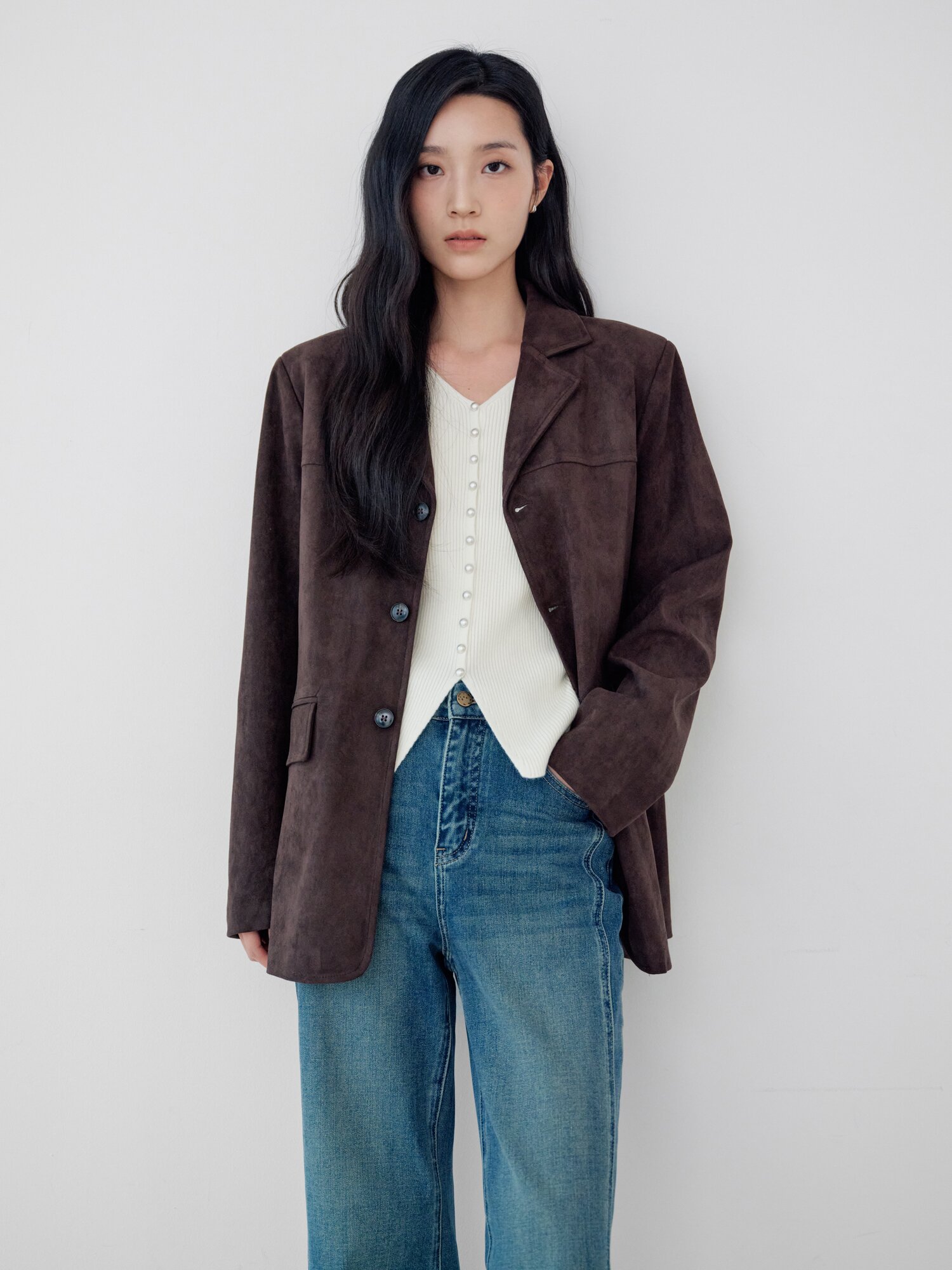 스웨이드 오픈 칼라 싱글 재킷 (DARK BROWN)