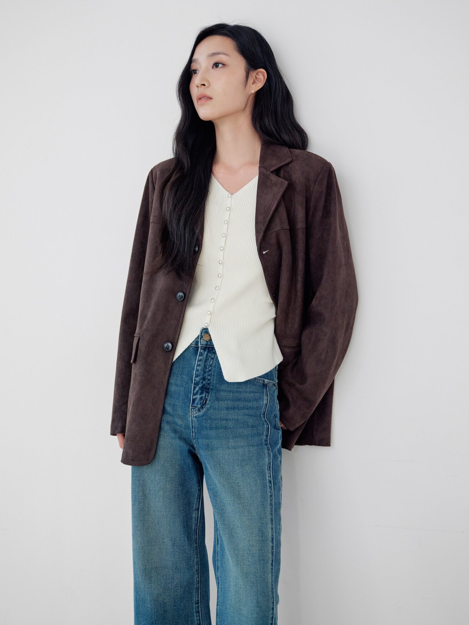 스웨이드 오픈 칼라 싱글 재킷 (DARK BROWN)