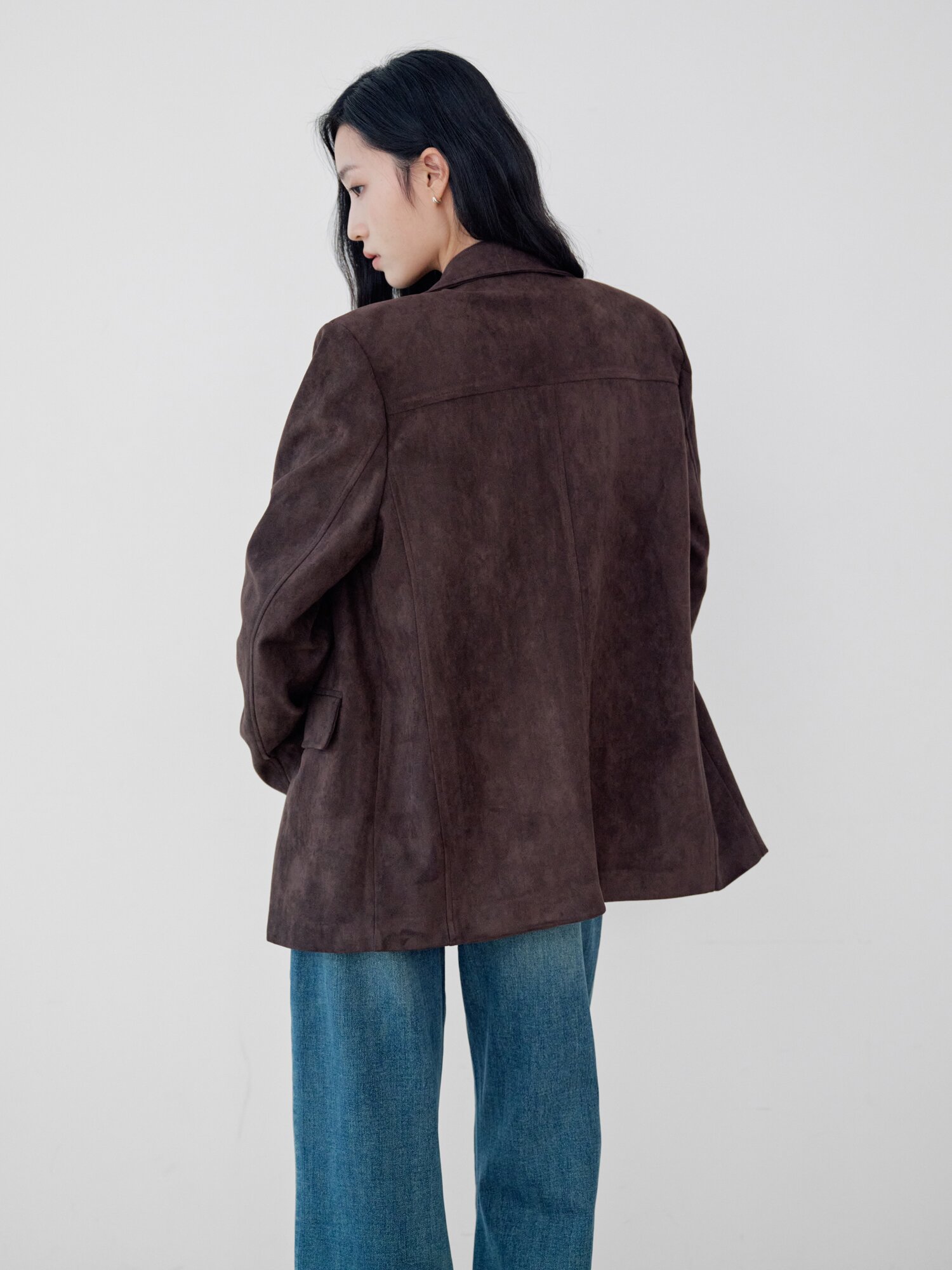 스웨이드 오픈 칼라 싱글 재킷 (DARK BROWN)