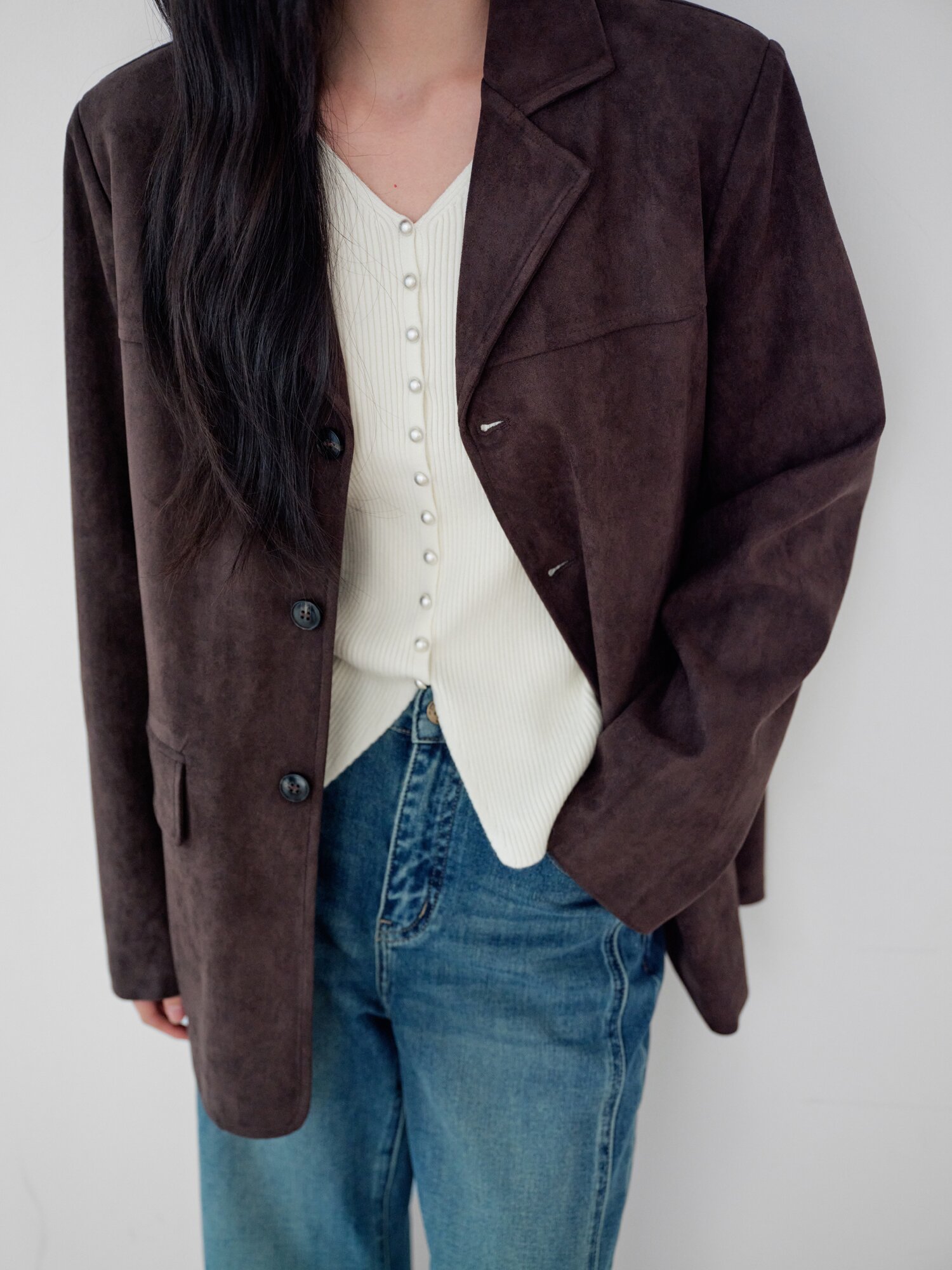 스웨이드 오픈 칼라 싱글 재킷 (DARK BROWN)