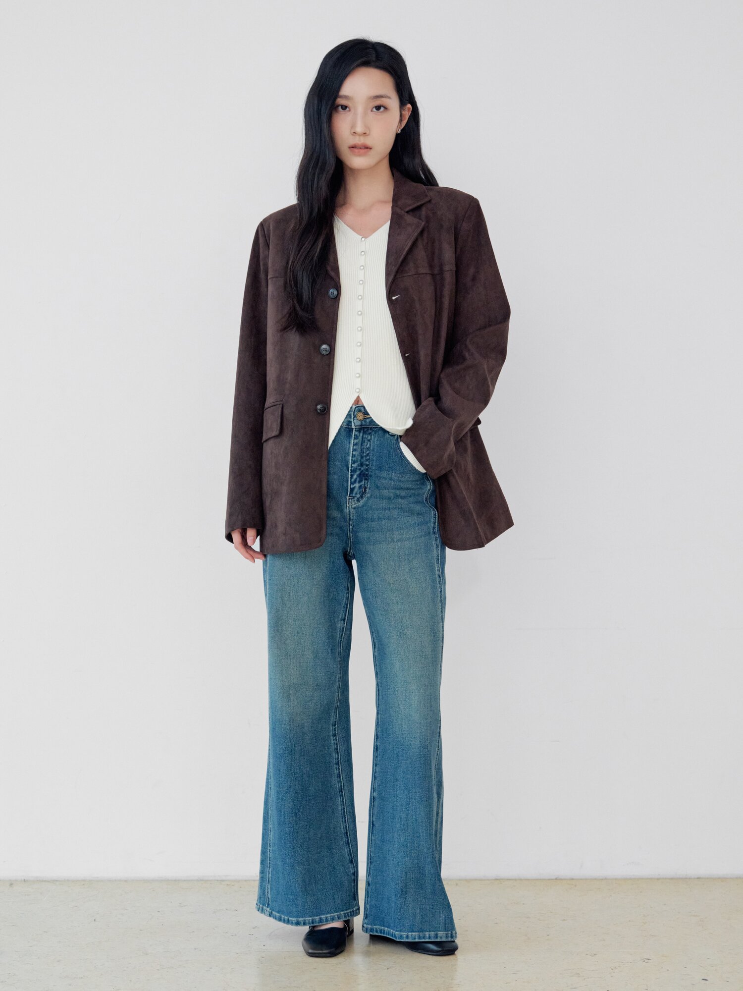 스웨이드 오픈 칼라 싱글 재킷 (DARK BROWN)