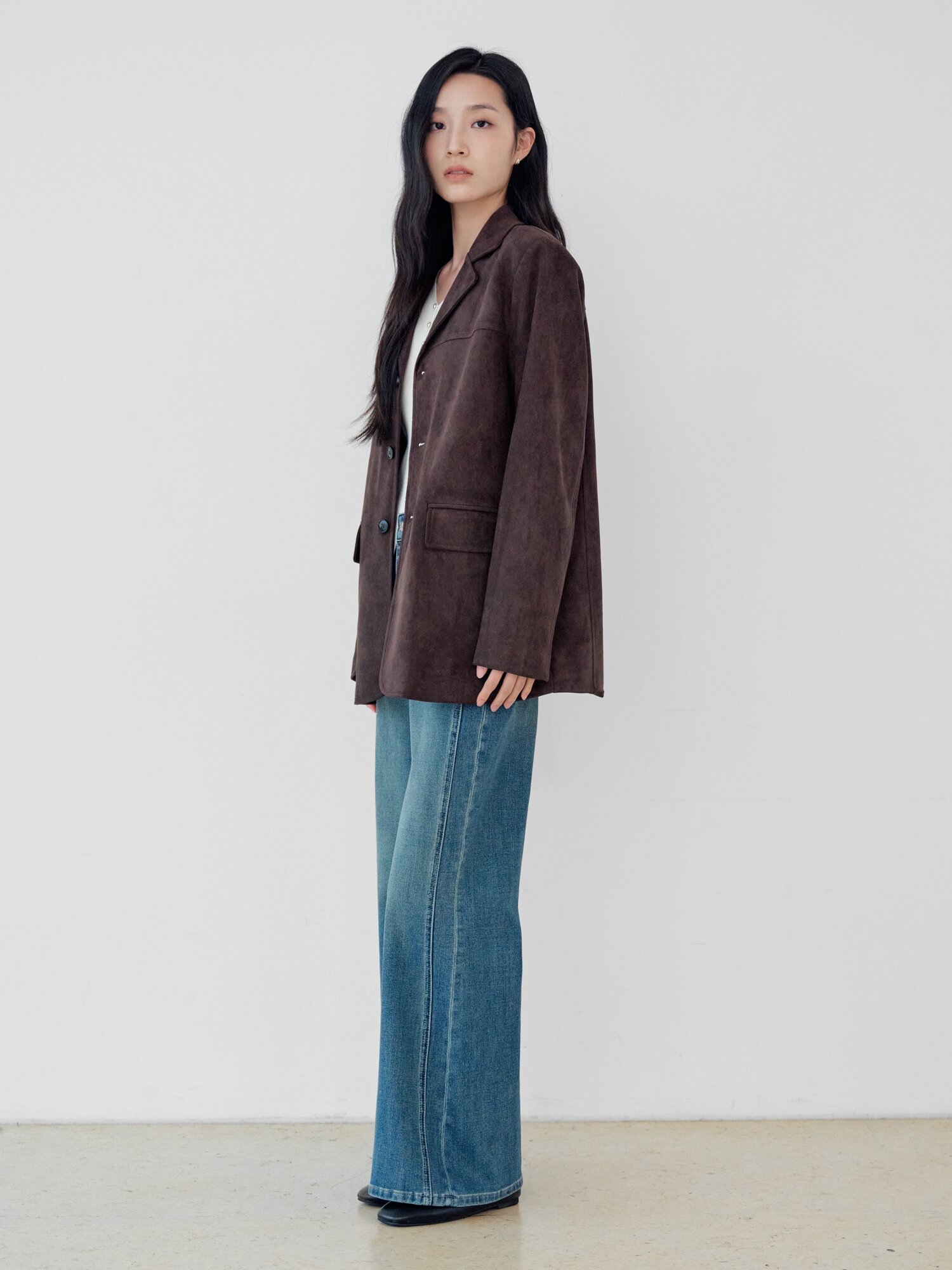 스웨이드 오픈 칼라 싱글 재킷 (DARK BROWN)