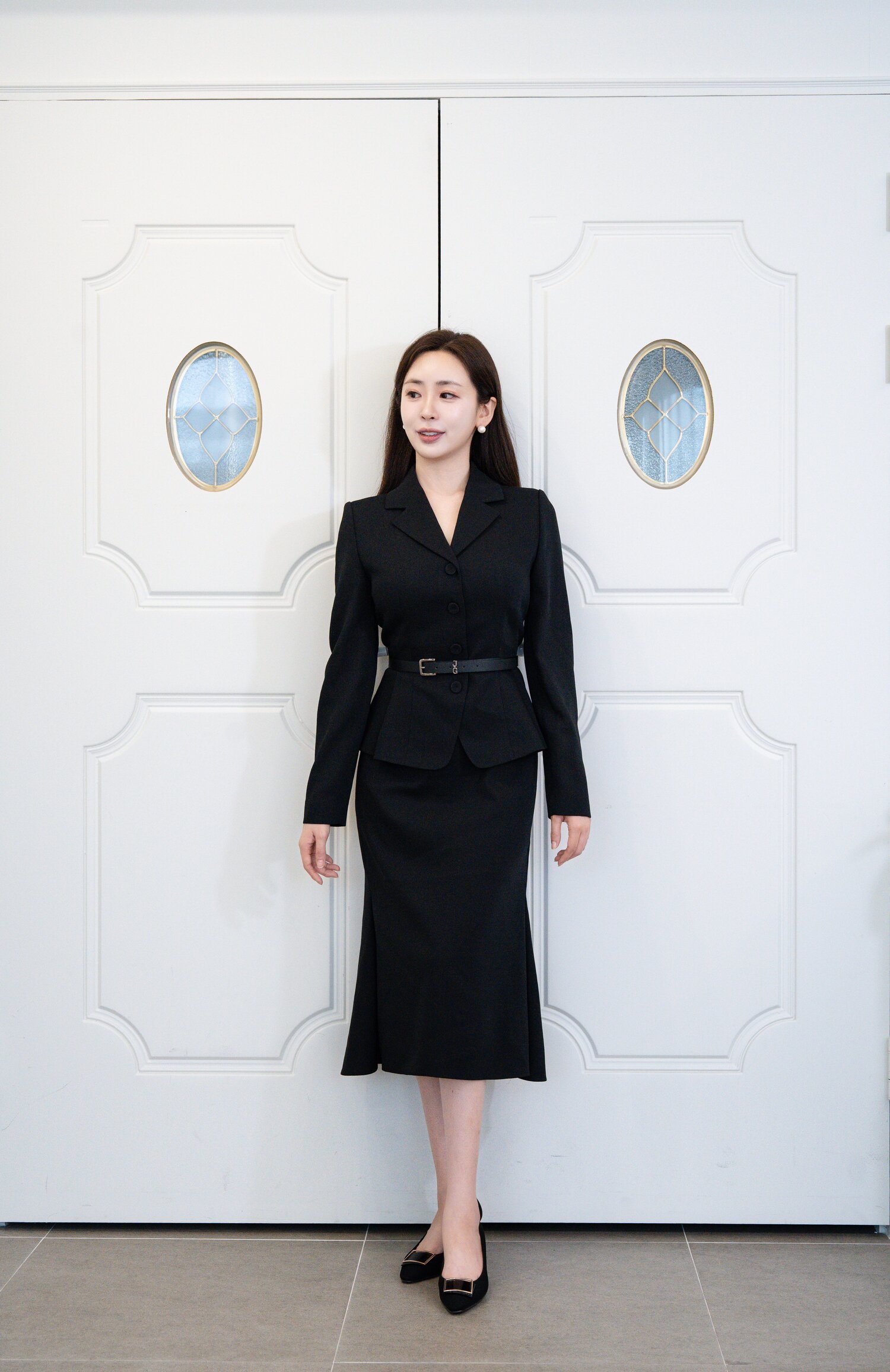 오픈 칼라 재킷 머메이드 원피스 (BLACK)