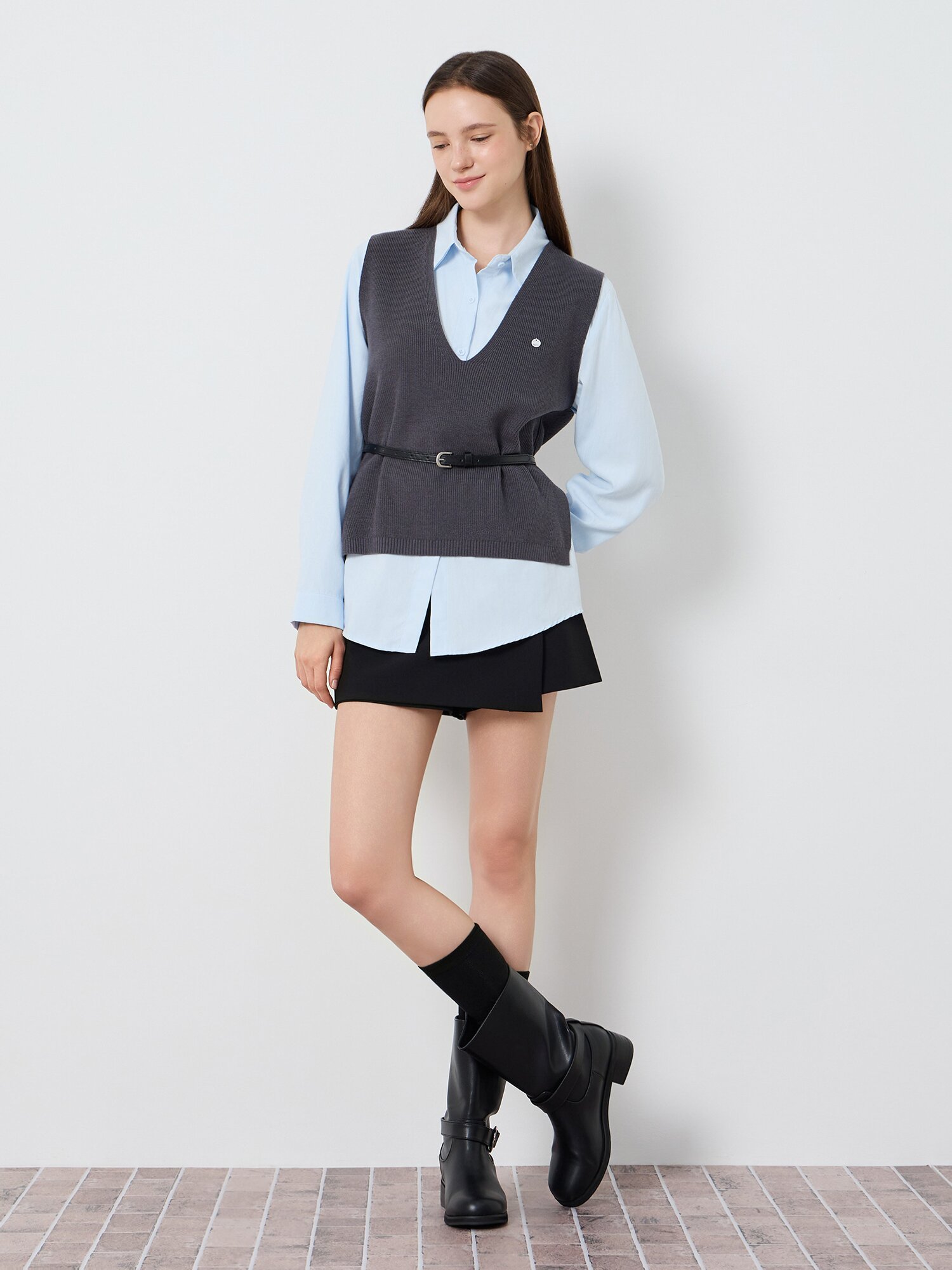 레이어드 벨티드 셔츠 블라우스 (GREY)