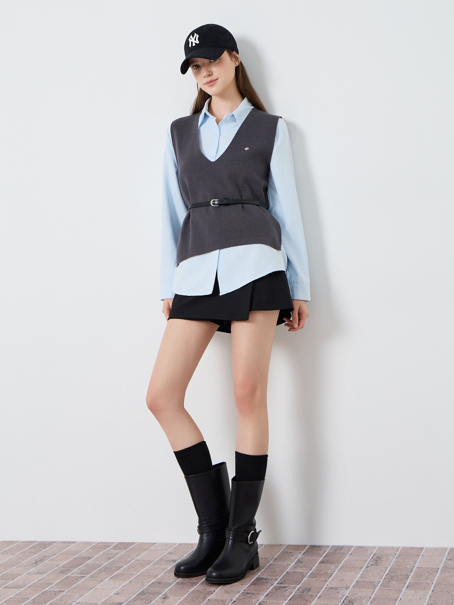 레이어드 벨티드 셔츠 블라우스 (GREY)