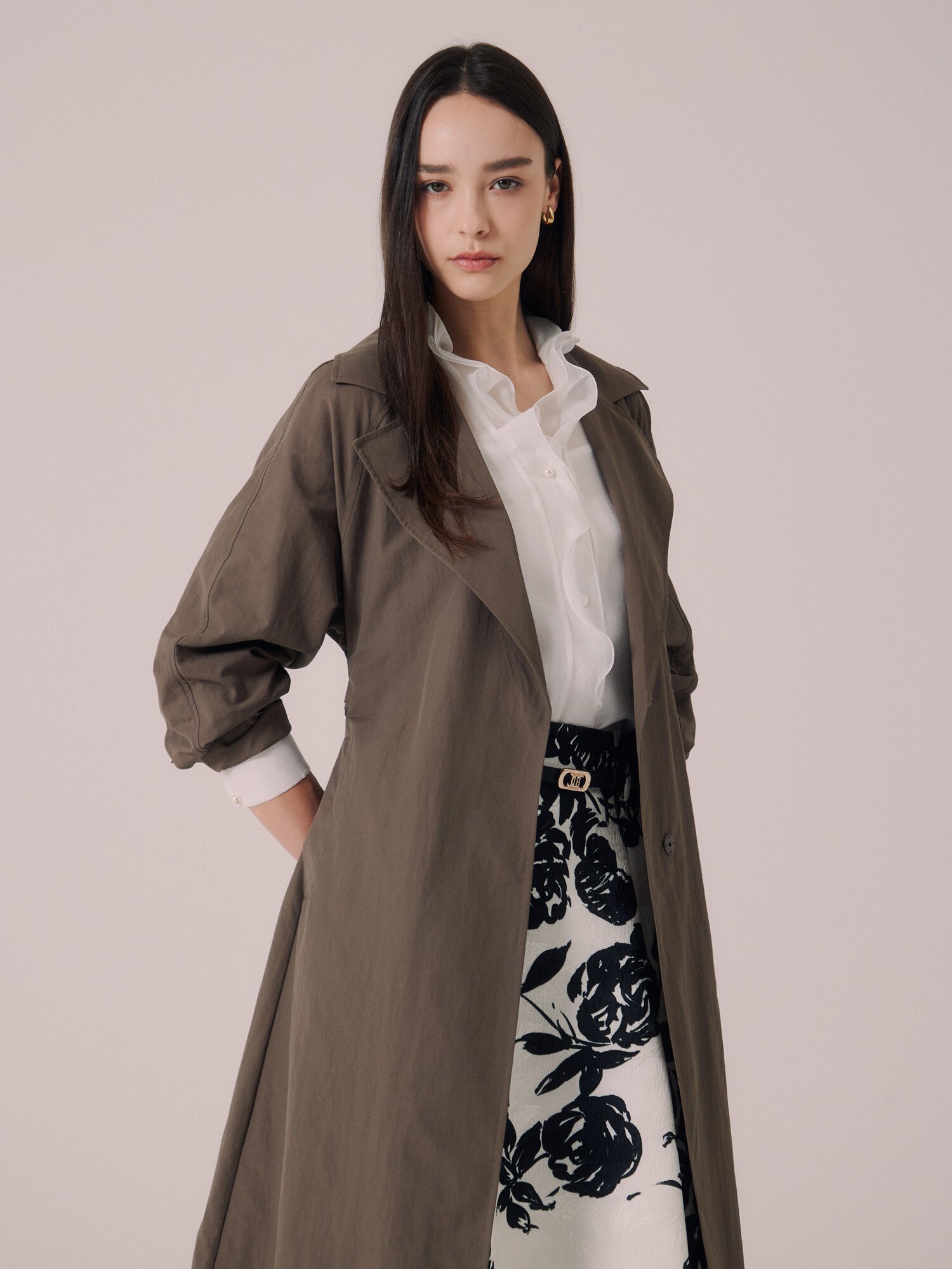 벨티드 히든 A라인 트렌치 코트 (LIGHT BROWN)