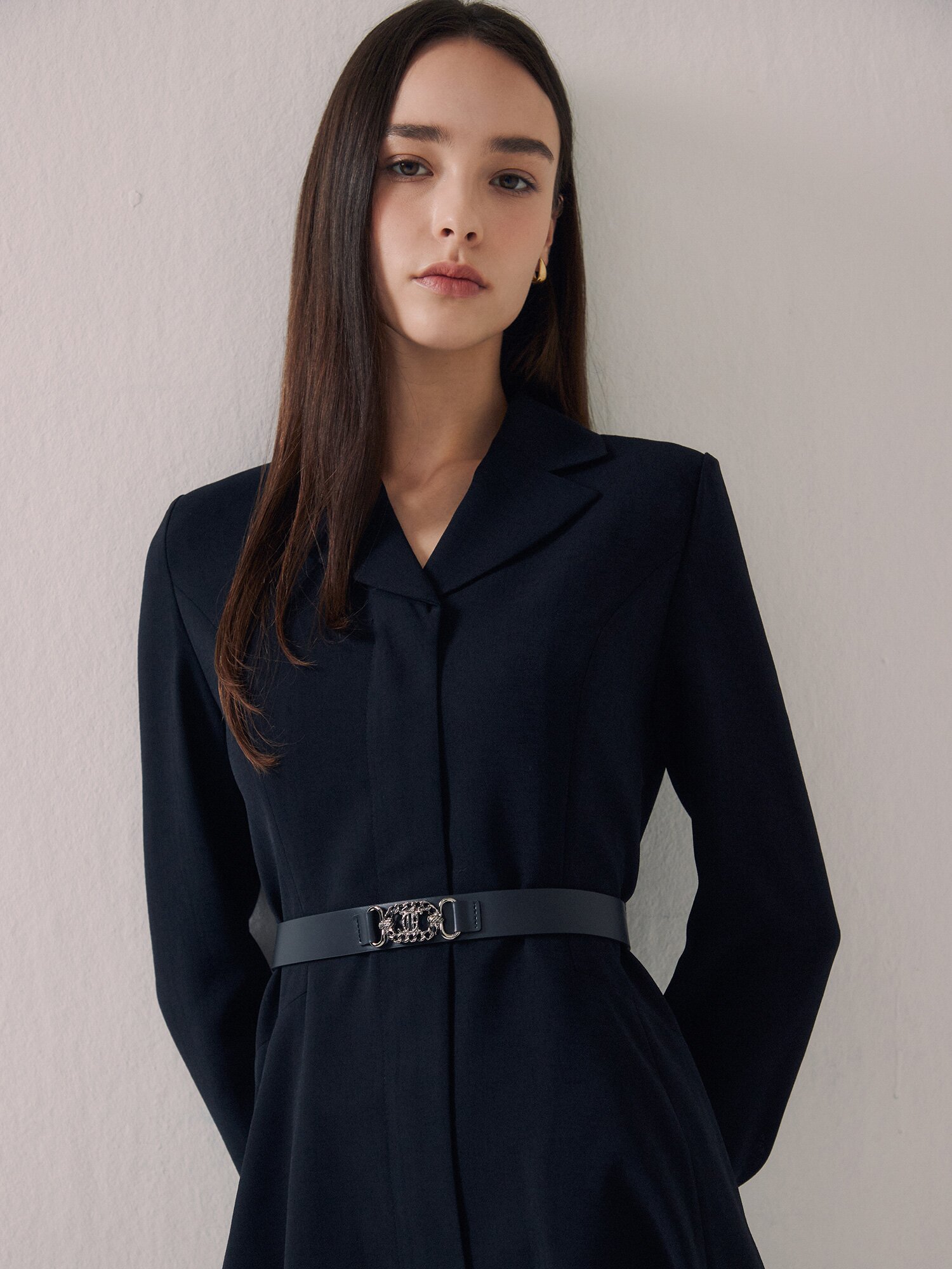 오픈 칼라 집업 플레어 원피스 (NAVY)