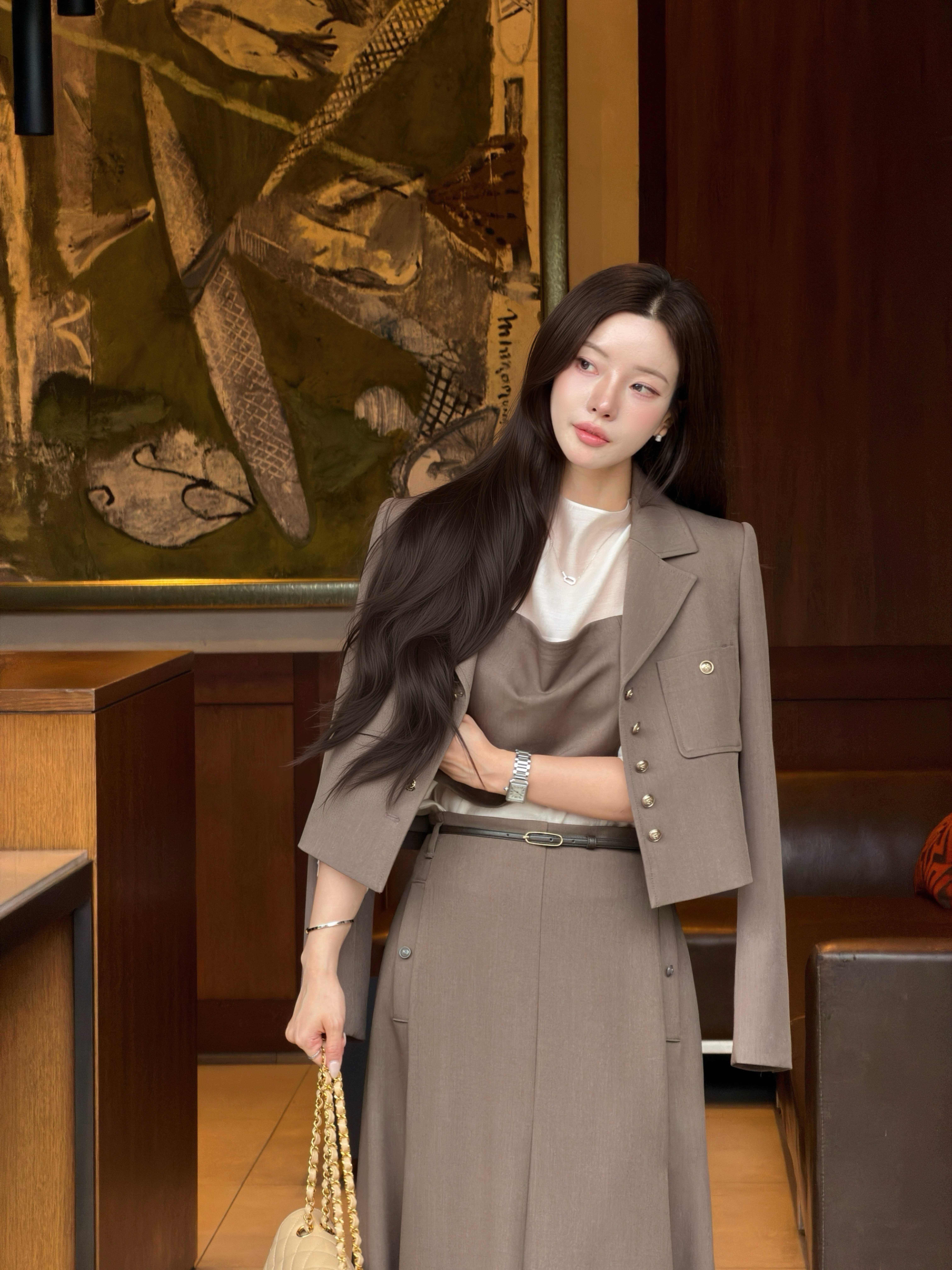 모던 오픈 칼라 크롭 재킷 (DARK BEIGE)