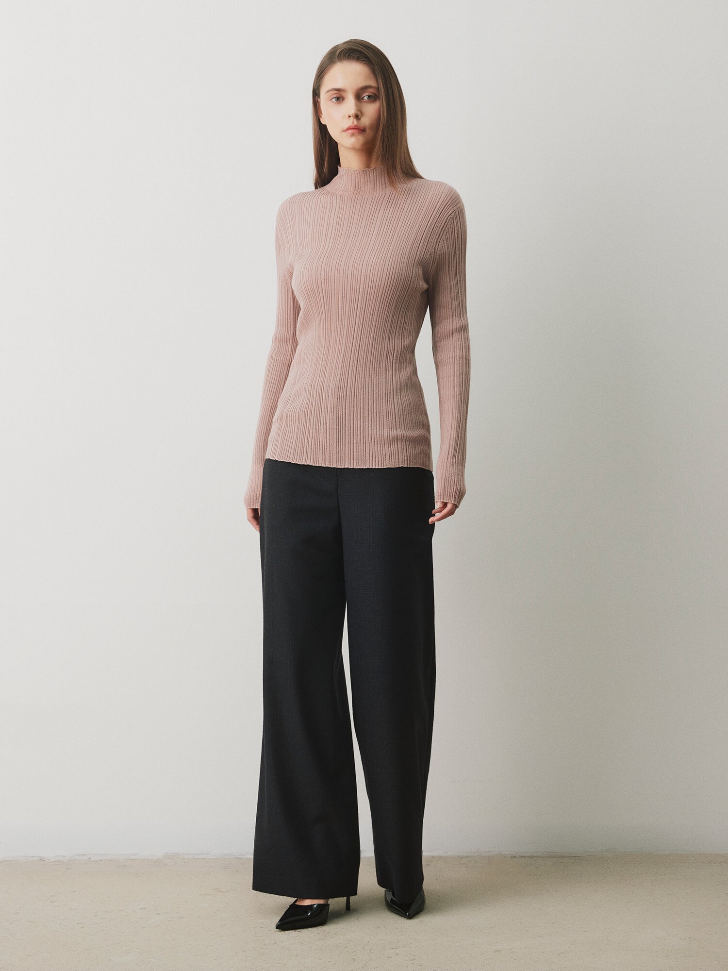 울 골지 하이넥 풀오버 니트 (DARK PINK)