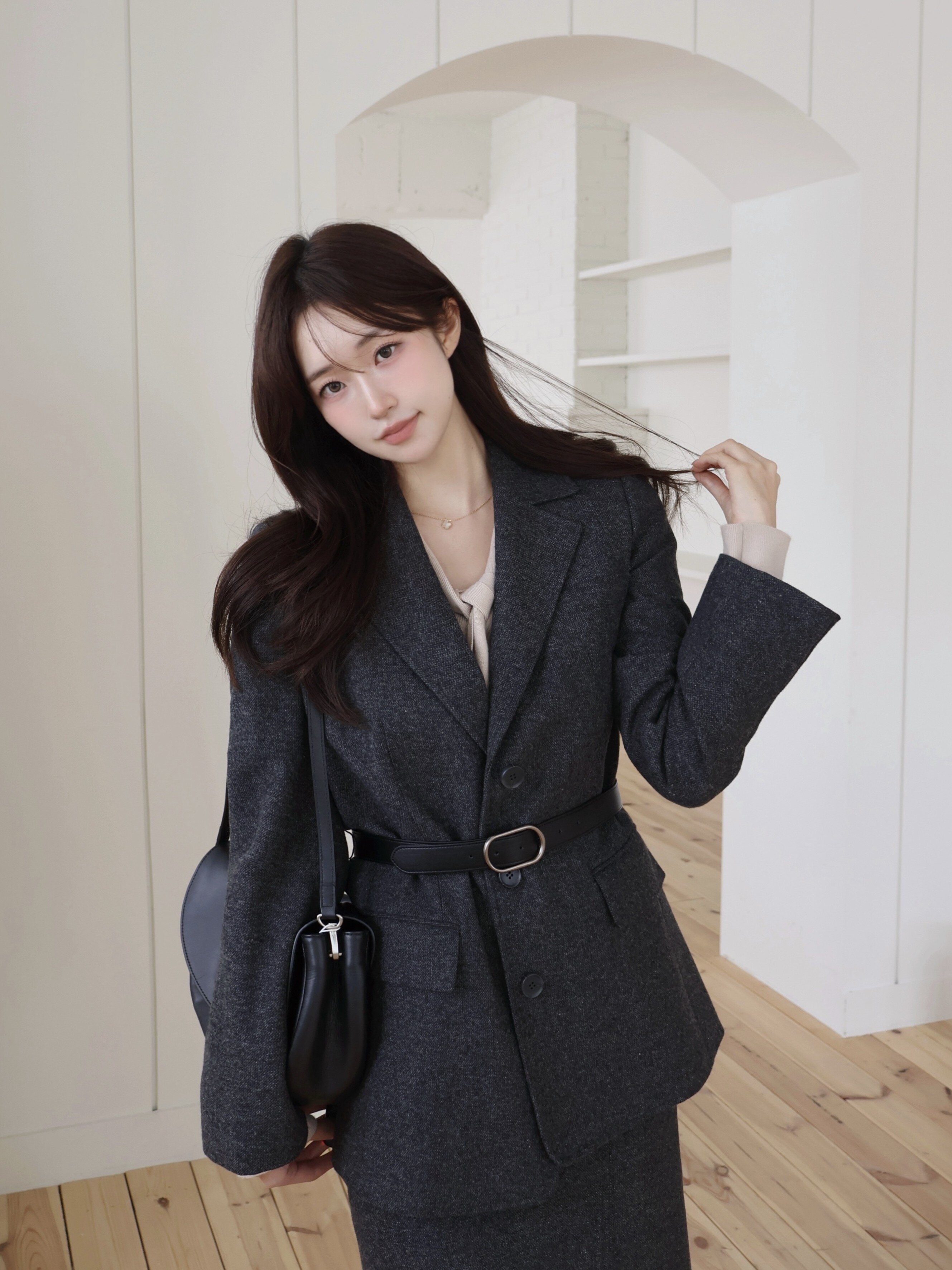 벨티드 울 테일러드 싱글 재킷 (JAQUARD GREY)
