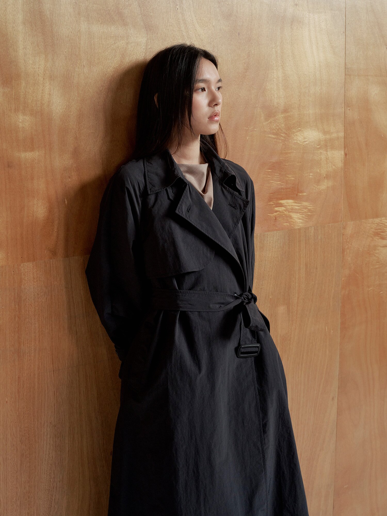루즈핏 더블 롱 트렌치 코트 (BLACK)