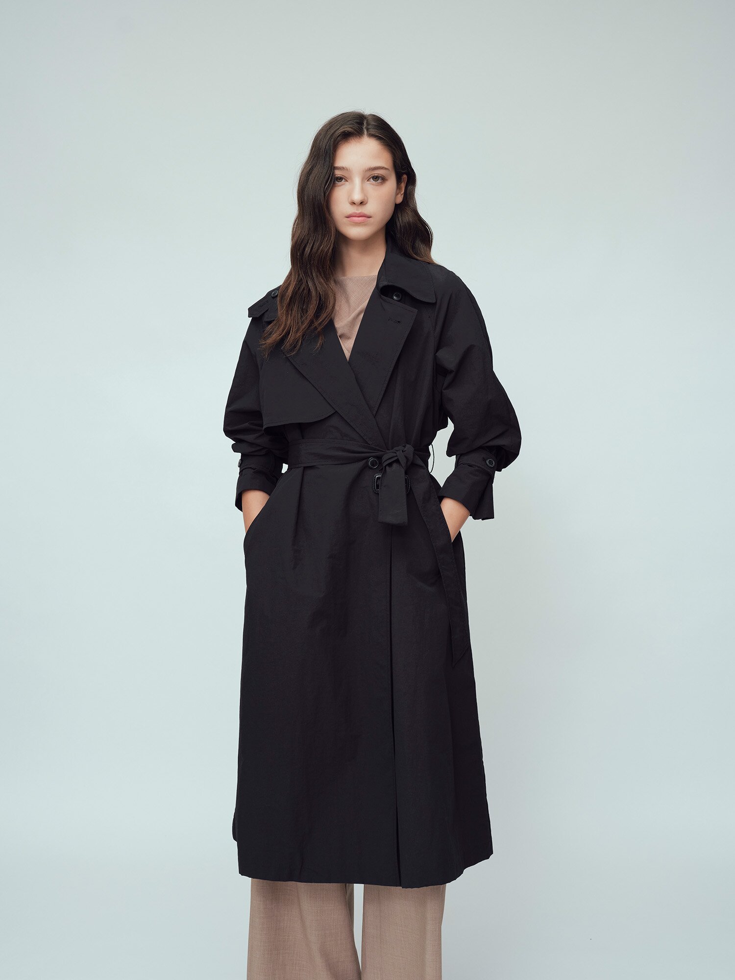 루즈핏 더블 롱 트렌치 코트 (BLACK)