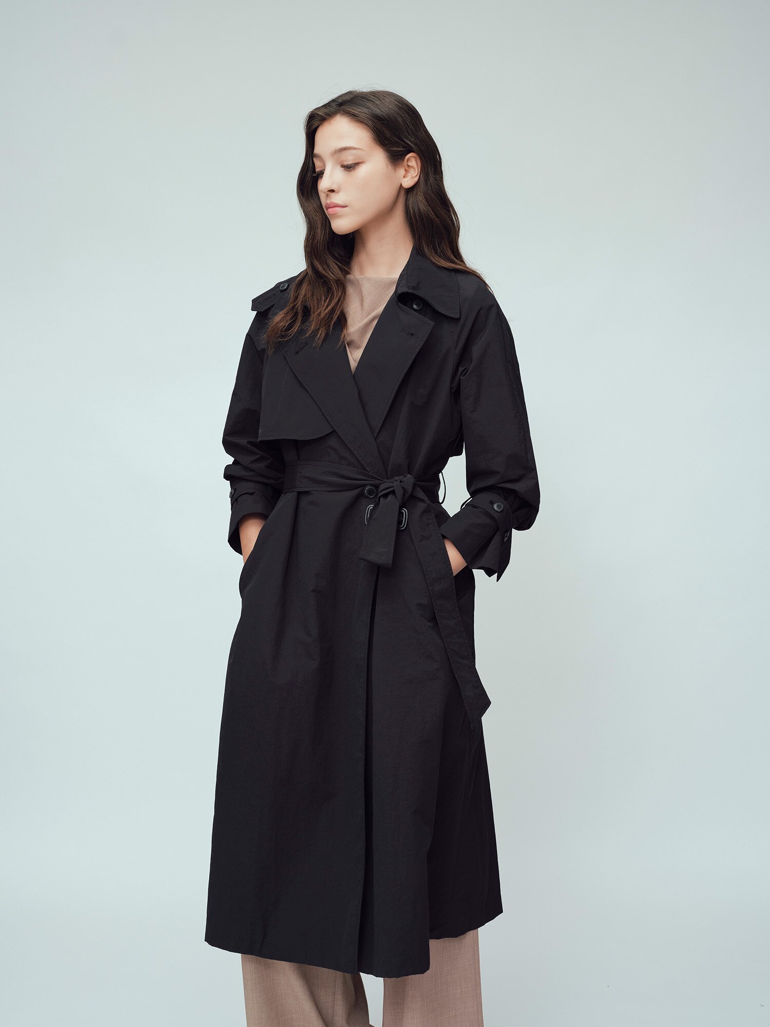 루즈핏 더블 롱 트렌치 코트 (BLACK)