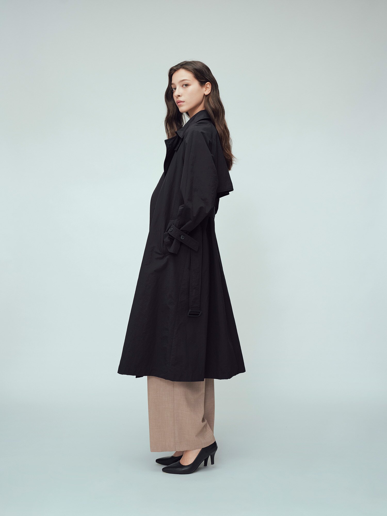 루즈핏 더블 롱 트렌치 코트 (BLACK)