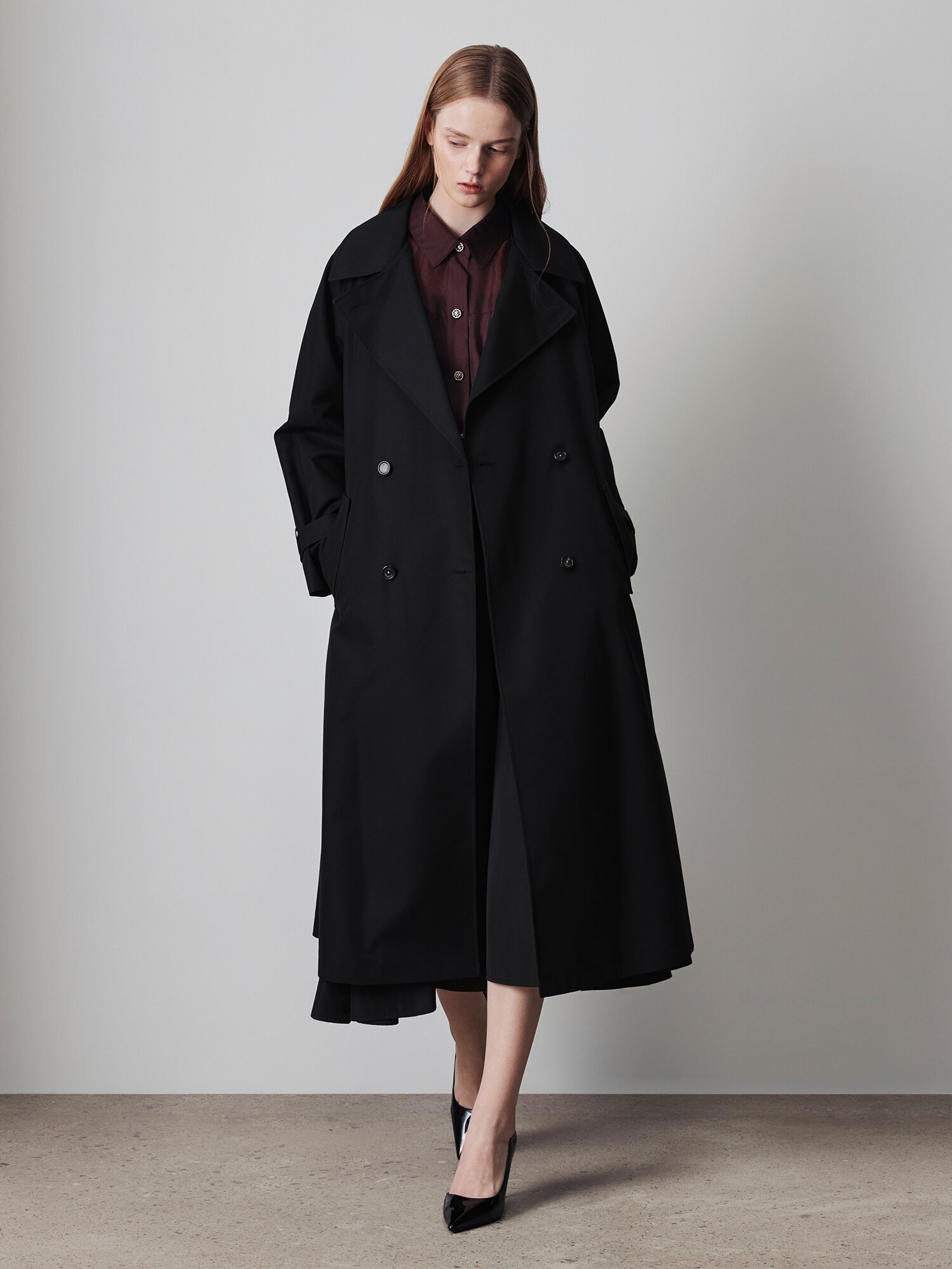 벨티드 더블 브레스트 트렌치 코트 (BLACK)