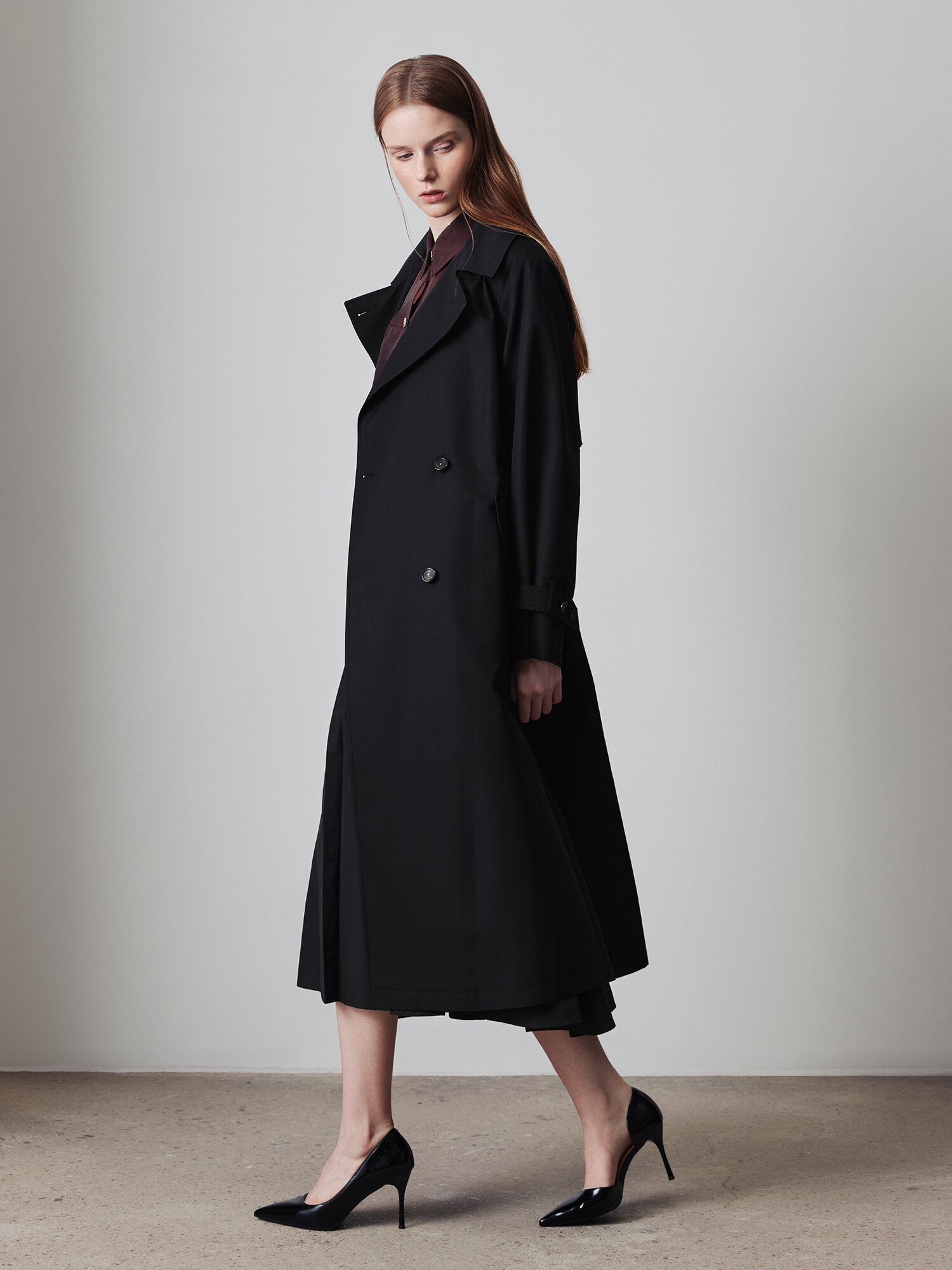 벨티드 더블 브레스트 트렌치 코트 (BLACK)
