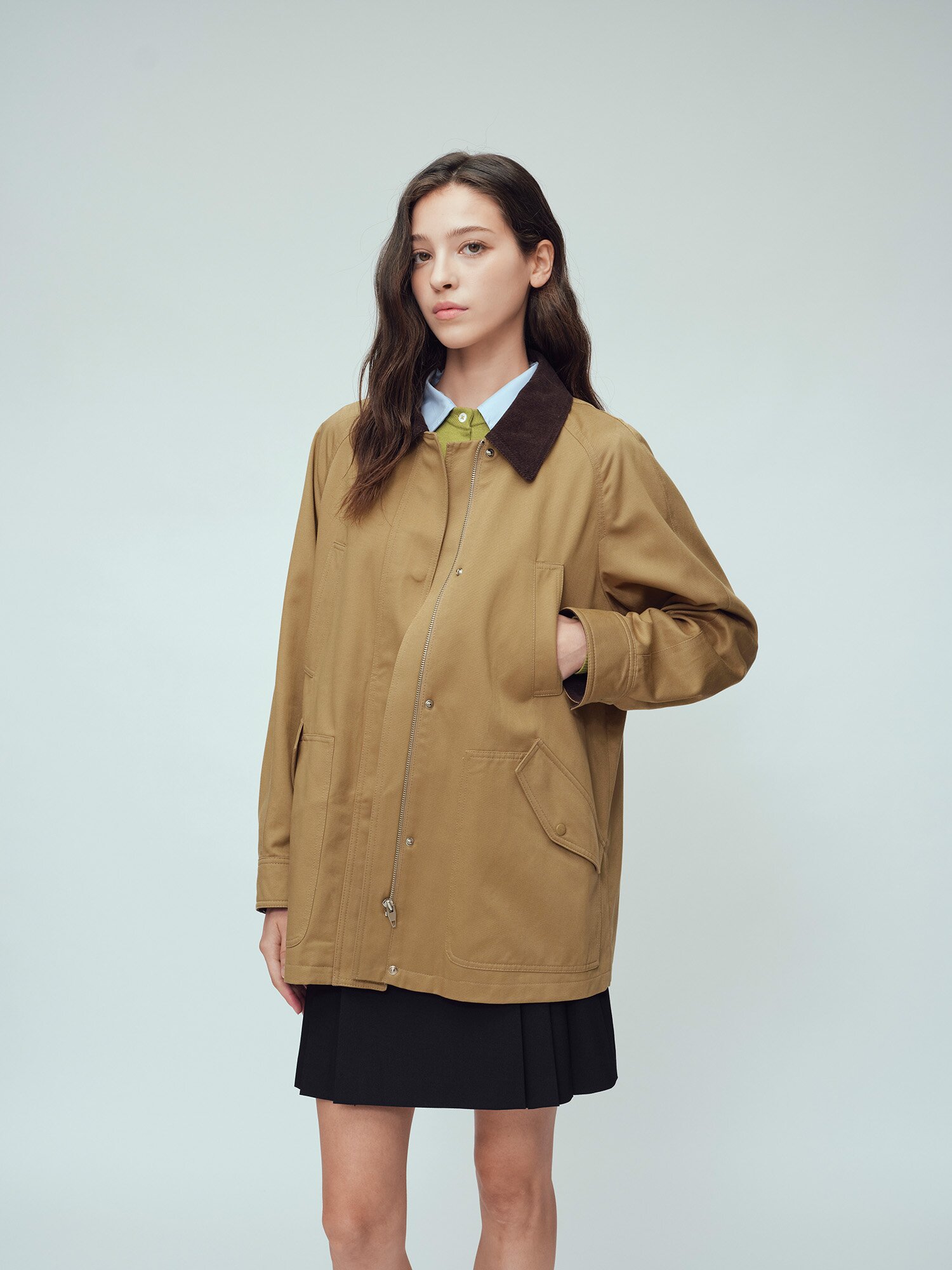 코듀로이 칼라 하프 트렌치 코트 (DARK BEIGE)