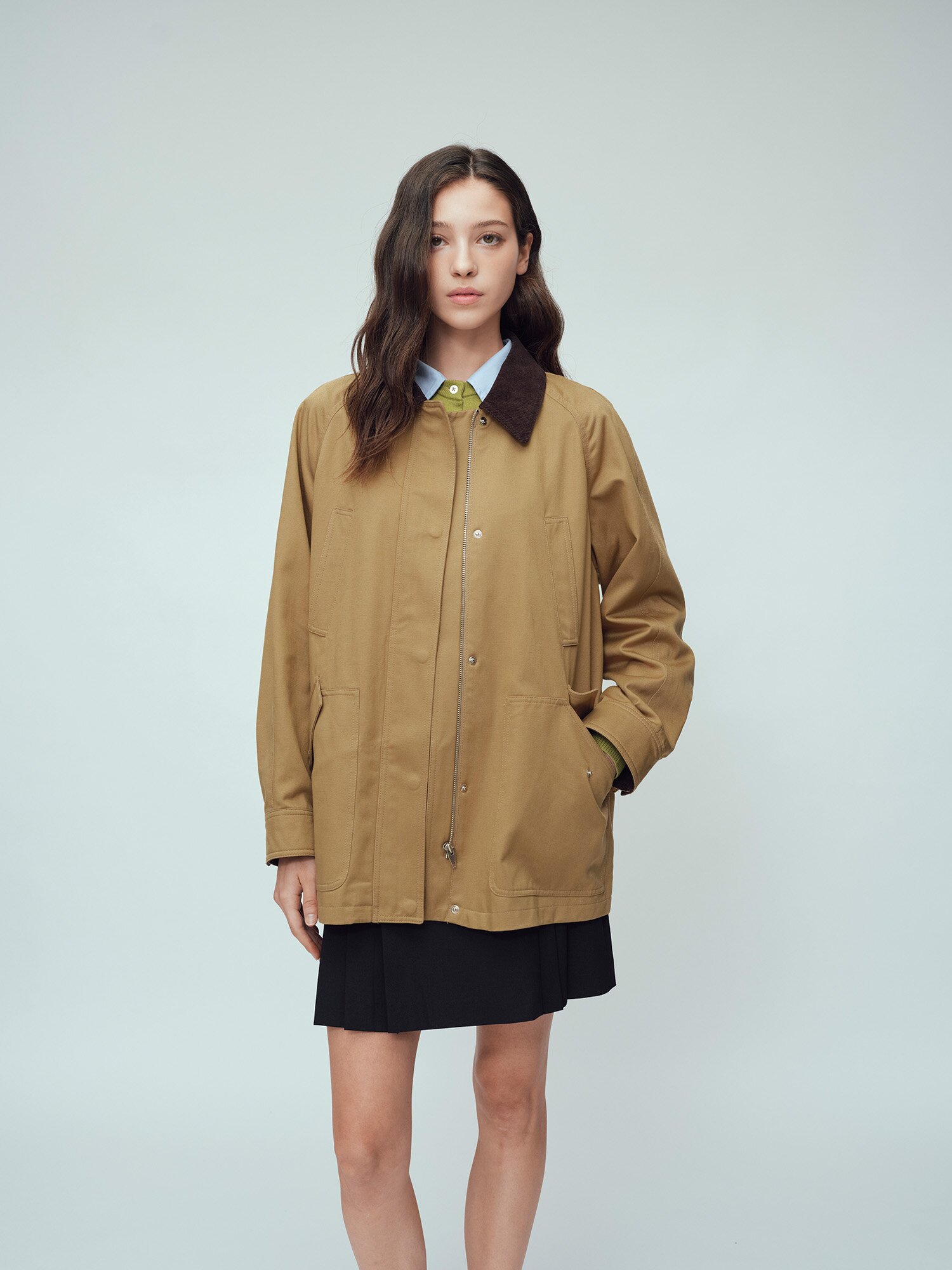 코듀로이 칼라 하프 트렌치 코트 (DARK BEIGE)