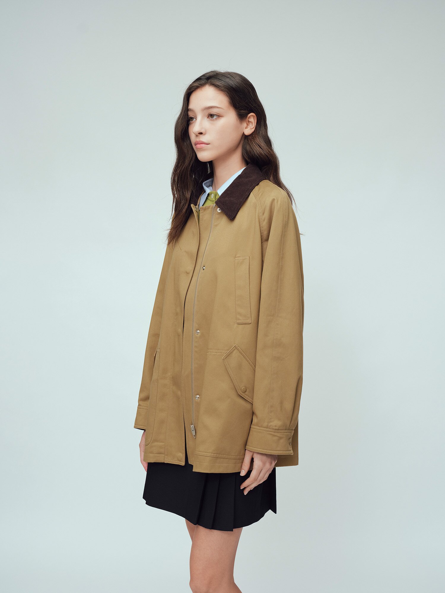 코듀로이 칼라 하프 트렌치 코트 (DARK BEIGE)