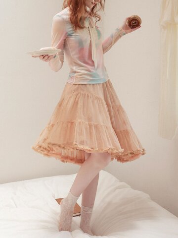 Cest_Embroidered mesh midi skirt