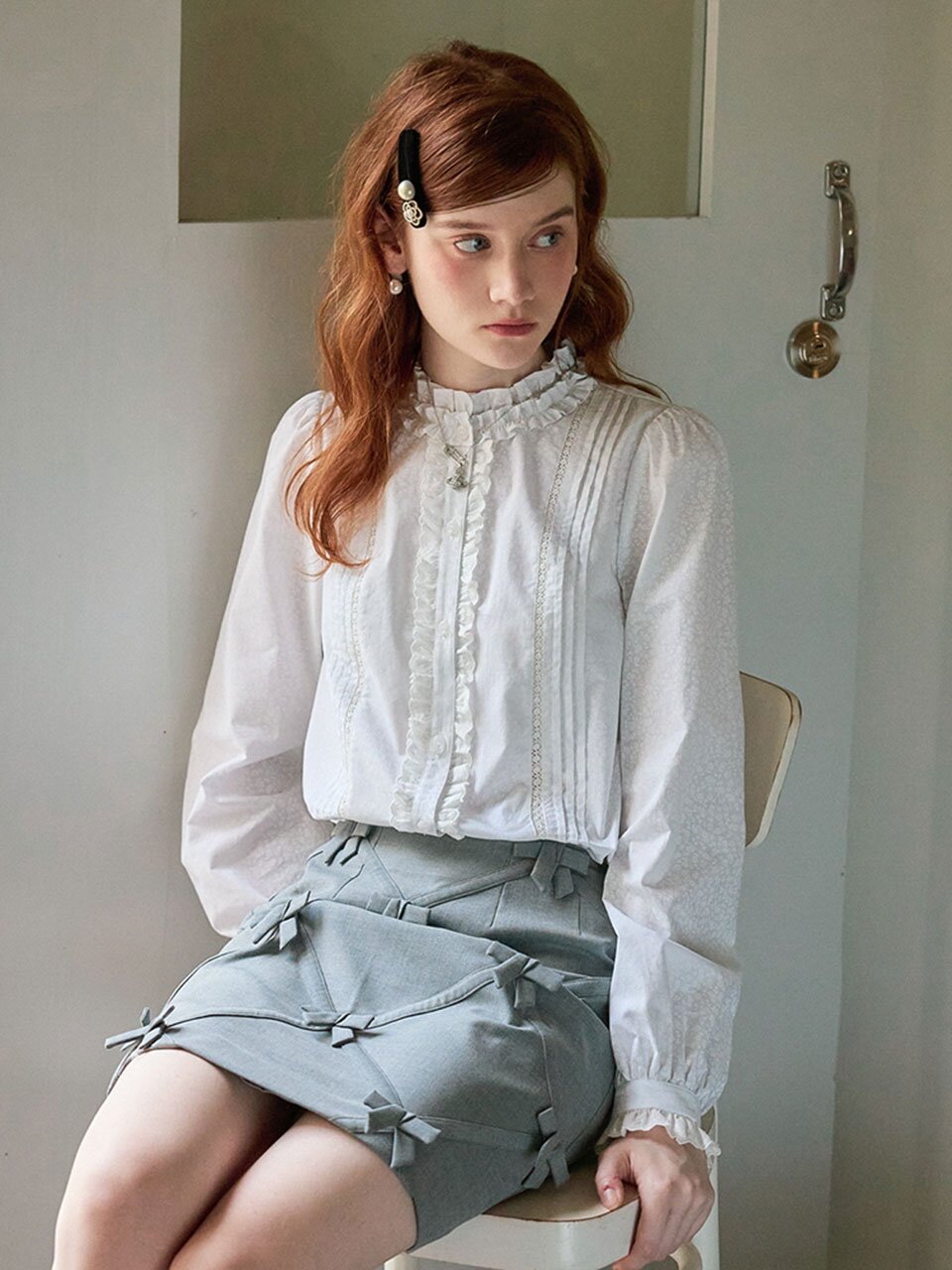 Cest_Floral lace ruffle blouse