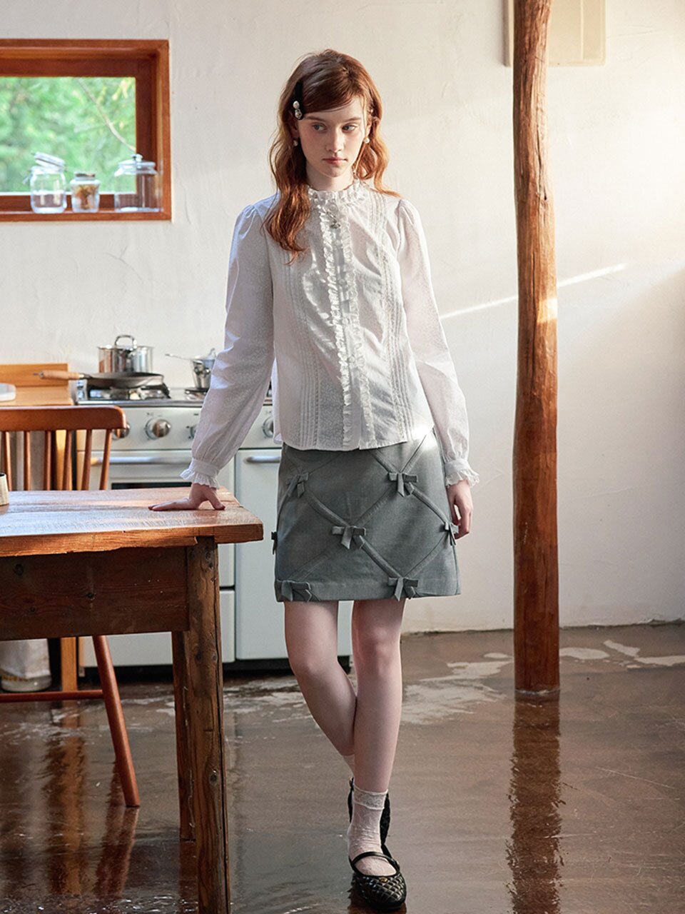 Cest_Floral lace ruffle blouse