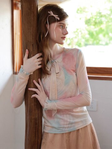 Cest_Oil painting mesh long sleeve top
