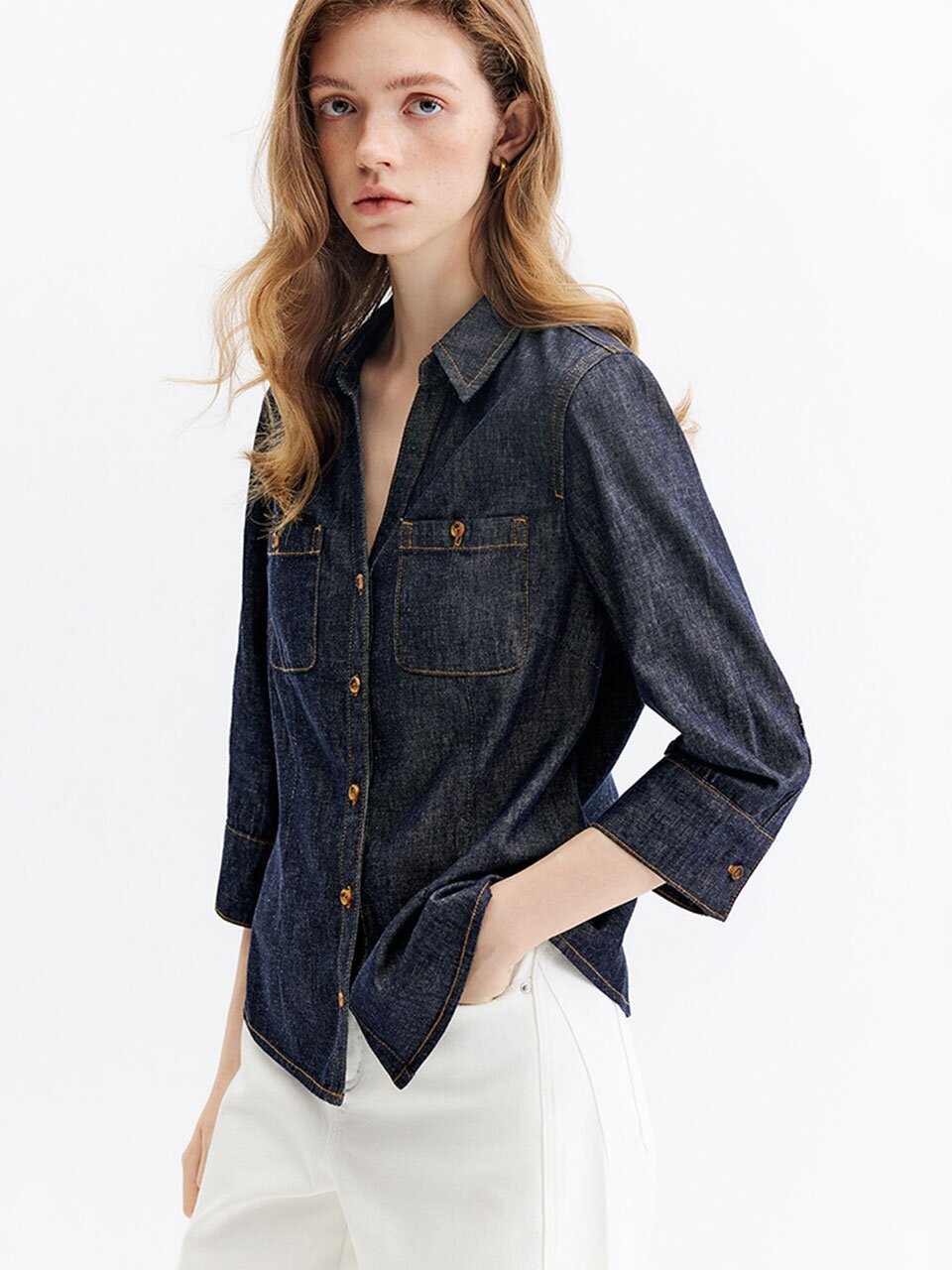 WD_Vintage lapel cinching denim shirt