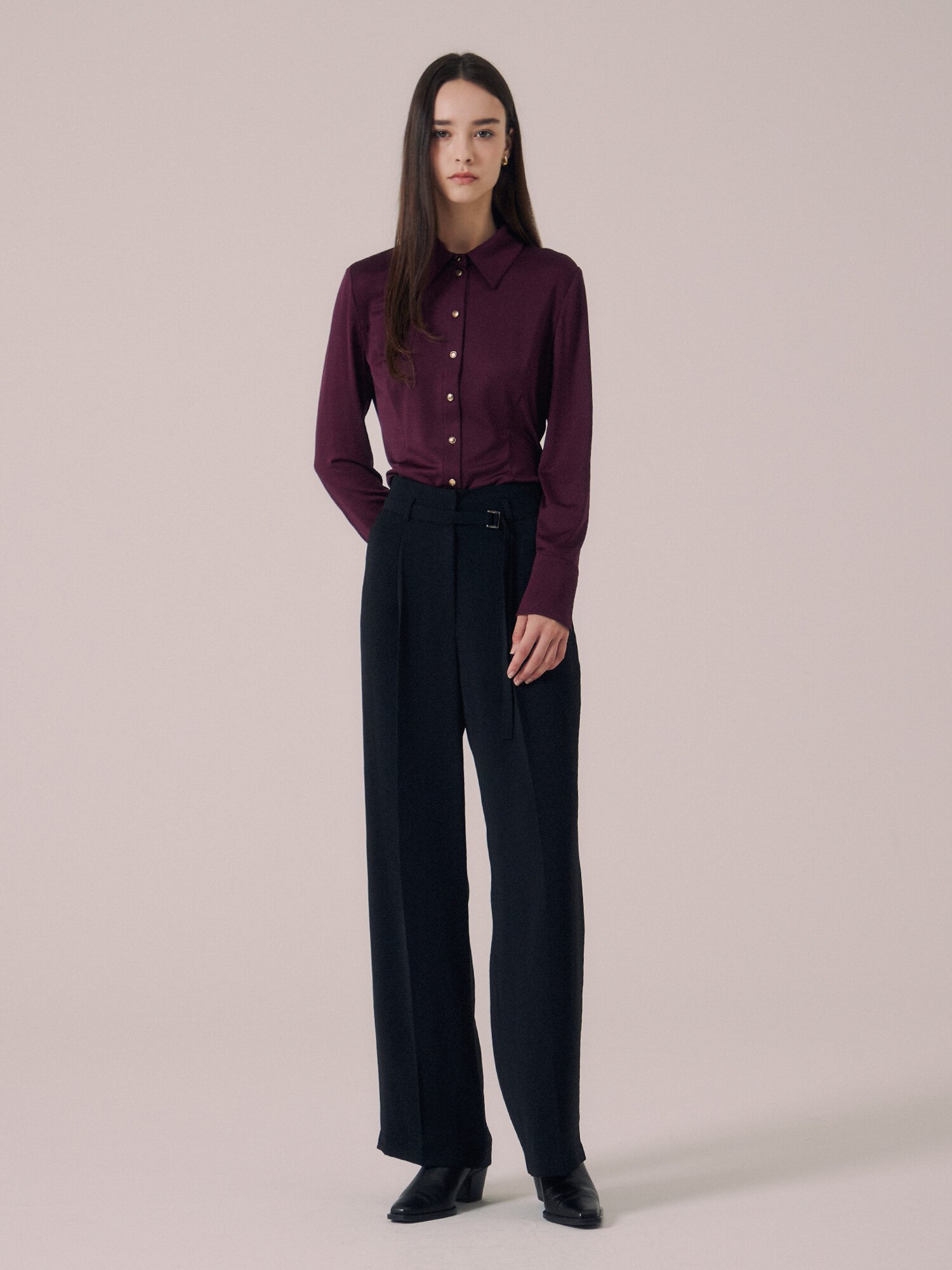 벨티드 원턱 백 밴딩 와이드 팬츠 (BLACK)