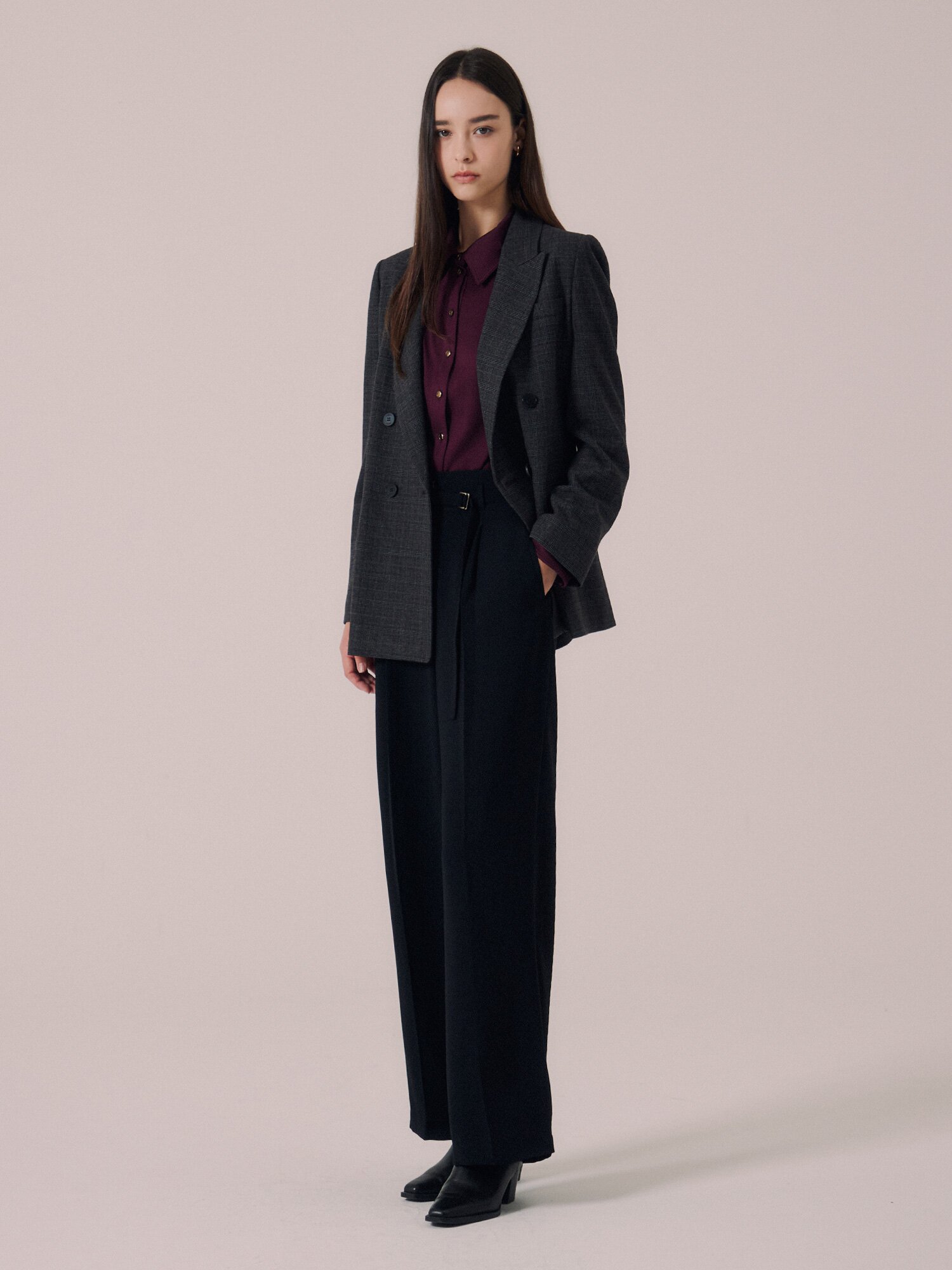 벨티드 원턱 백 밴딩 와이드 팬츠 (BLACK)