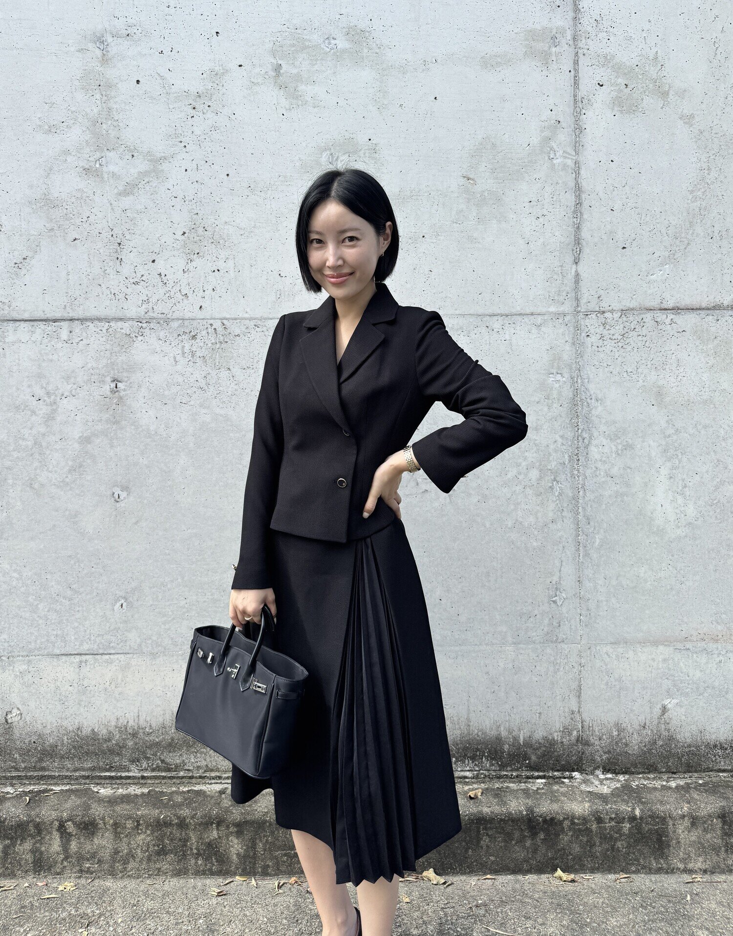 플리츠 배색 재킷 A라인 원피스 (BLACK)