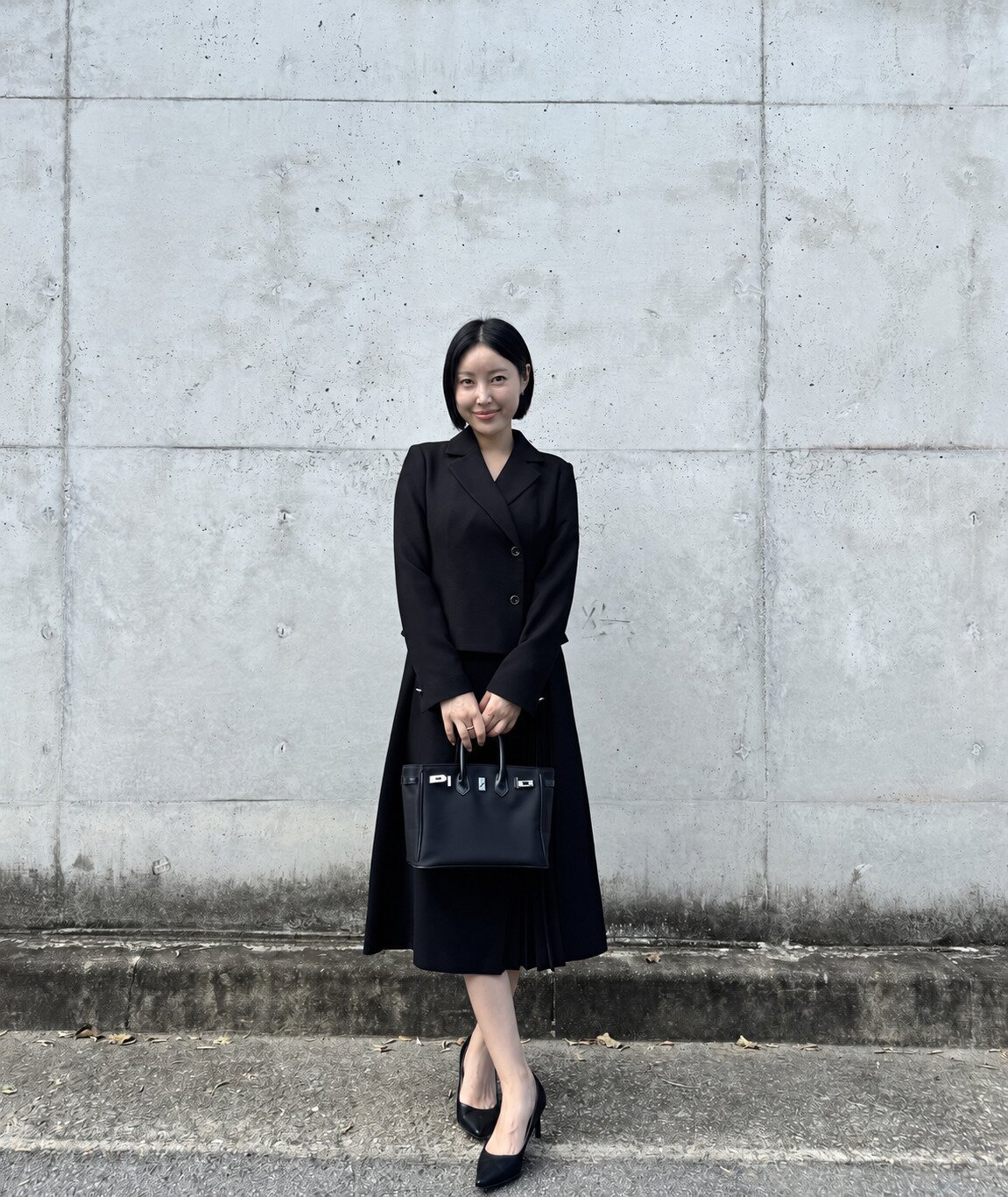 플리츠 배색 재킷 A라인 원피스 (BLACK)