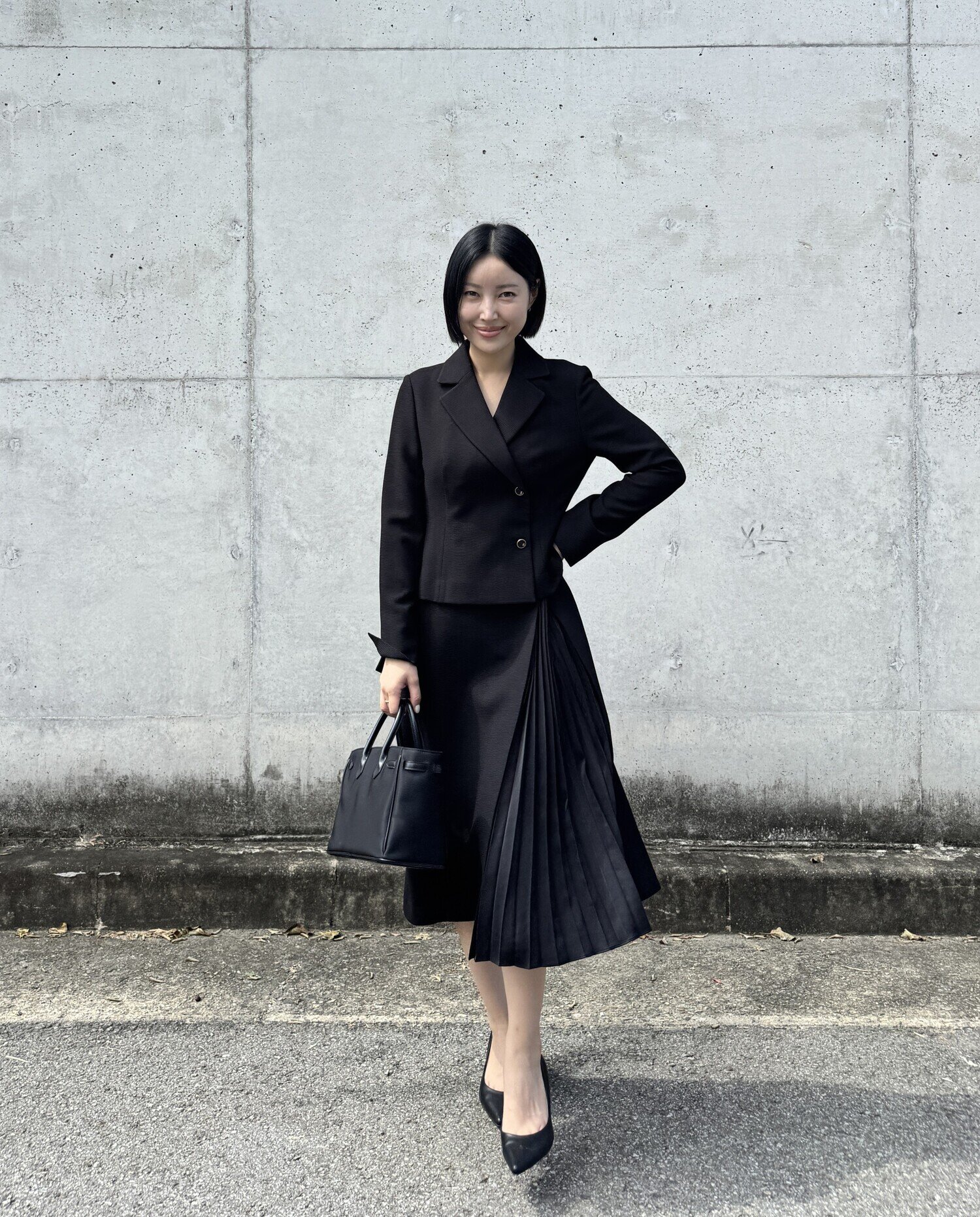 플리츠 배색 재킷 A라인 원피스 (BLACK)