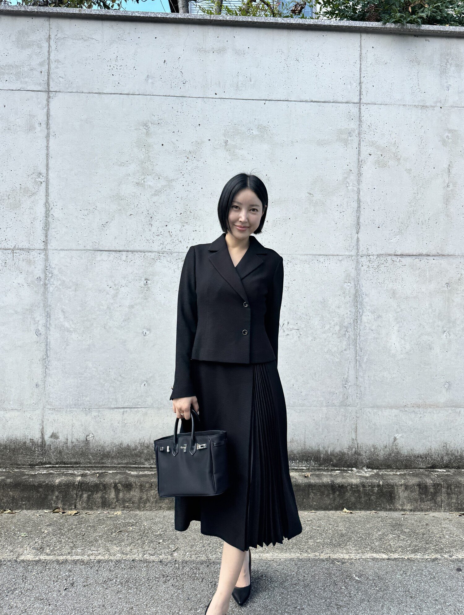 플리츠 배색 재킷 A라인 원피스 (BLACK)