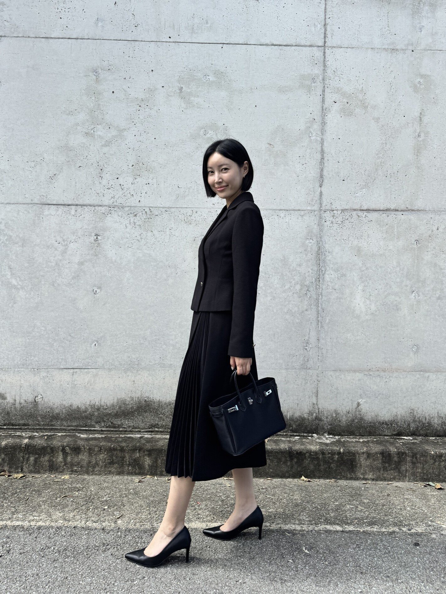 플리츠 배색 재킷 A라인 원피스 (BLACK)