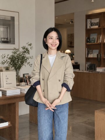 코튼 더블 하프 트렌치 코트 