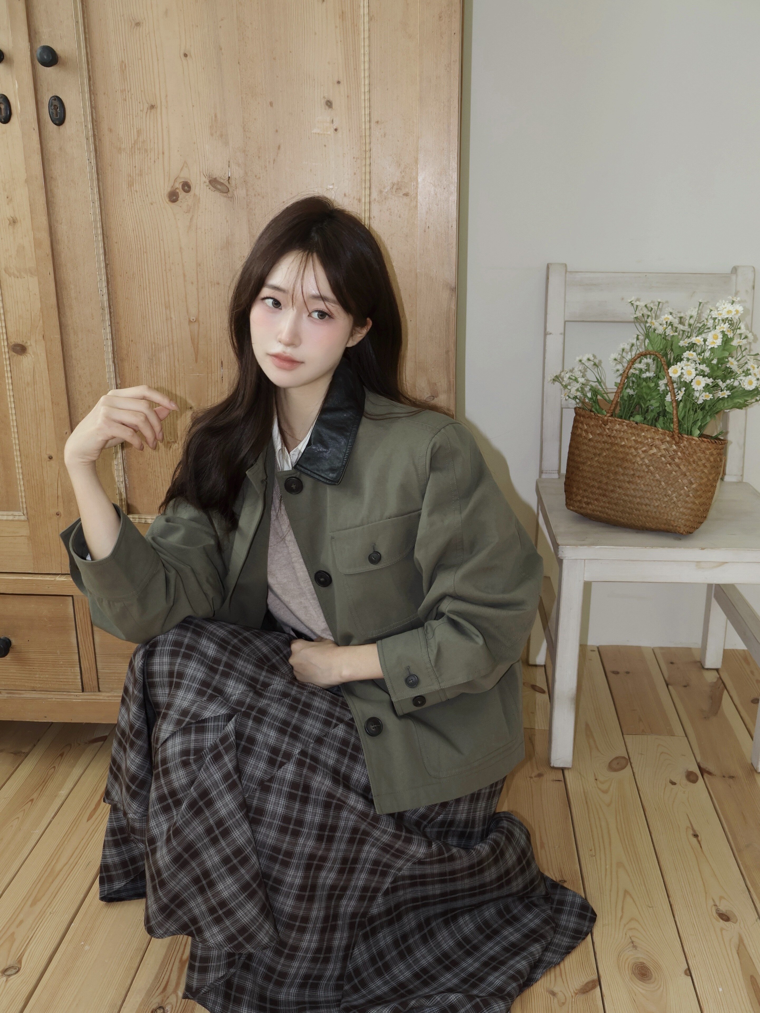 슬릿 랩 스타일 플레어 스커트 (CHECK BROWN)