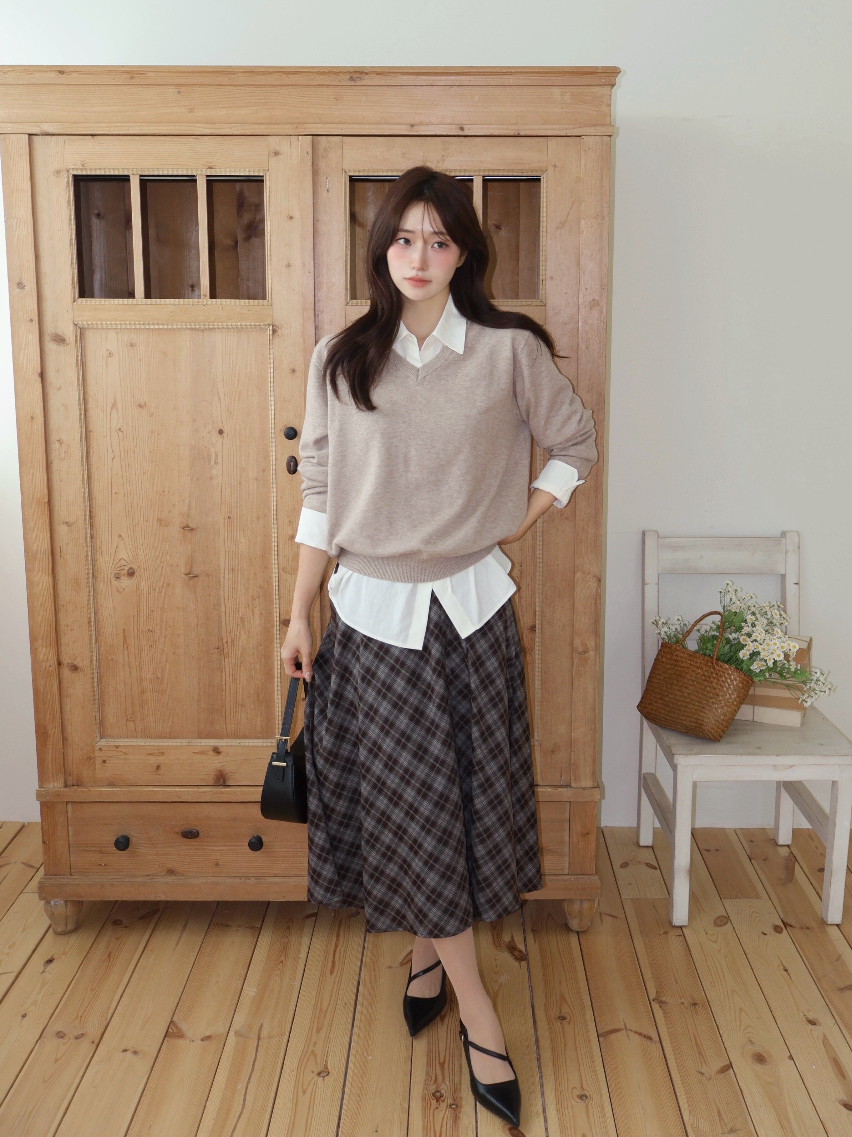 슬릿 랩 스타일 플레어 스커트 (CHECK BROWN)