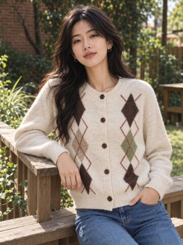 모헤어 아가일 라운드넥 니트 가디건 (BEIGE)