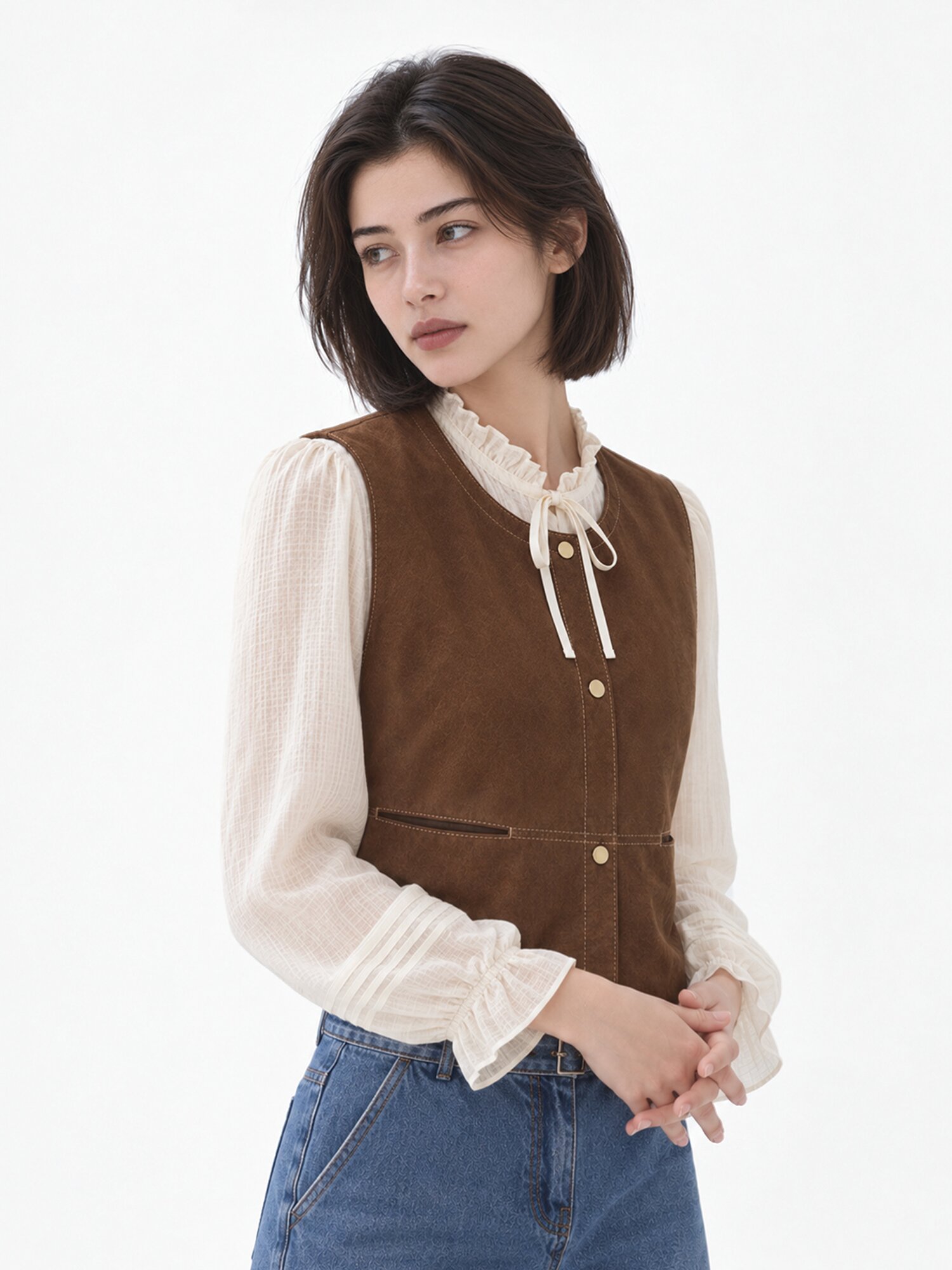 페이크 스웨이드 스티치 베스트 (BROWN)