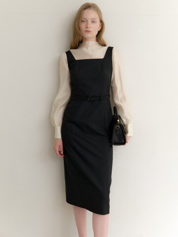 Square-Neck Layered Dress(벨트 제공) / Black